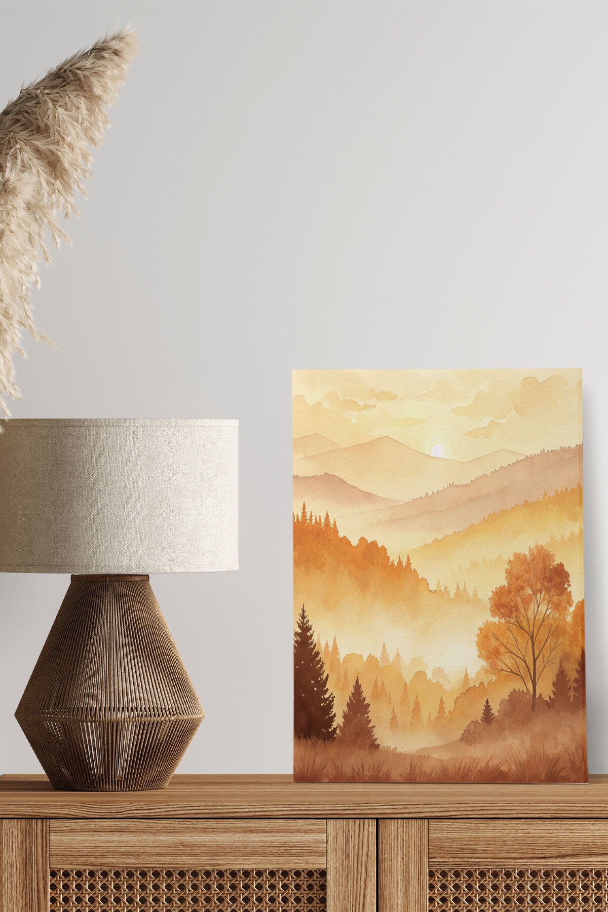 Turuncu Sisli Dağ ve Orman Manzarası görselli 18x27 cm MDF ahşap duvar tablosu