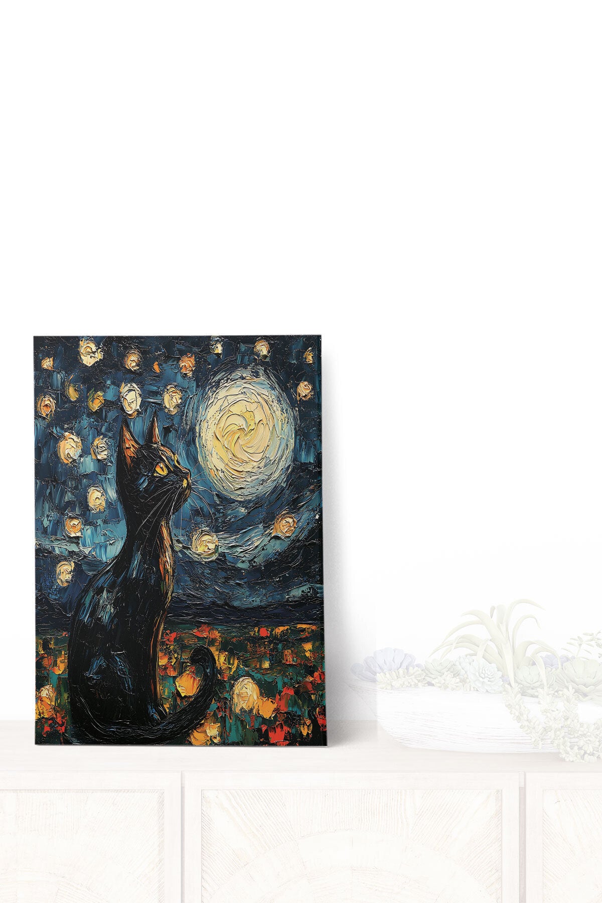 Starry Night Kediler Van Gogh temalı No 2 görselli 18x27 cm MDF ahşap duvar tablosu