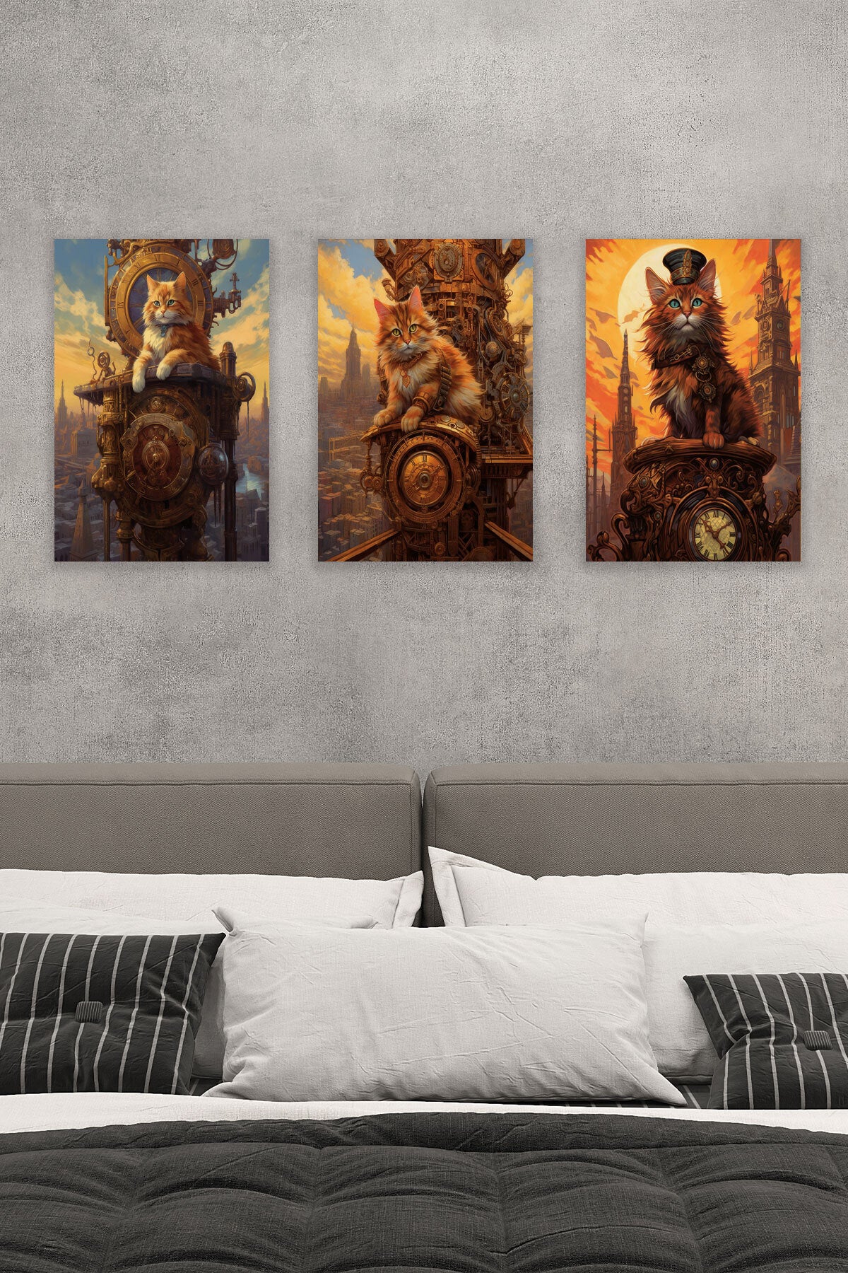Steampunk Retro Sevimli Kediler No 3 3'lü set, 18x27 cm MDF ahşap duvar tabloları