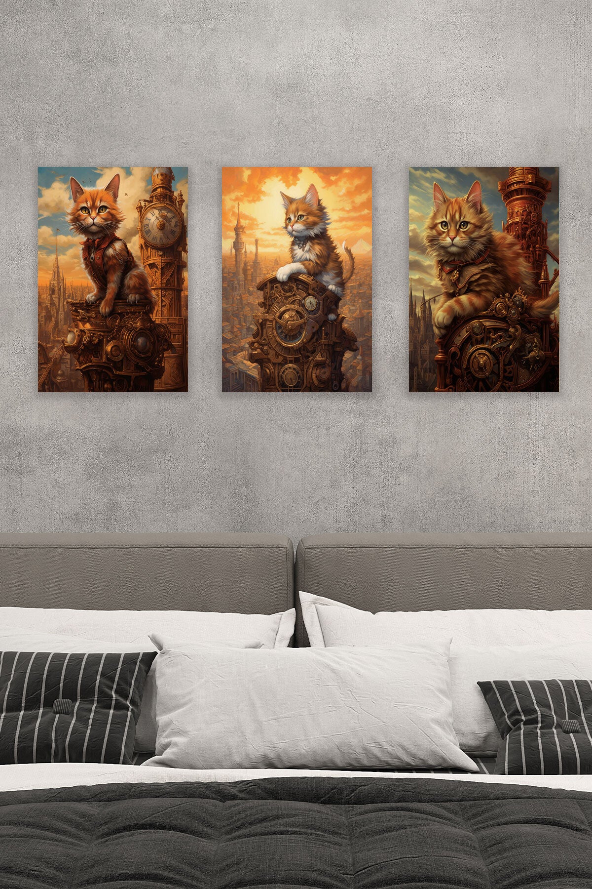 Steampunk Retro Sevimli Kediler No 1 3'lü set, 18x27 cm MDF ahşap duvar tabloları