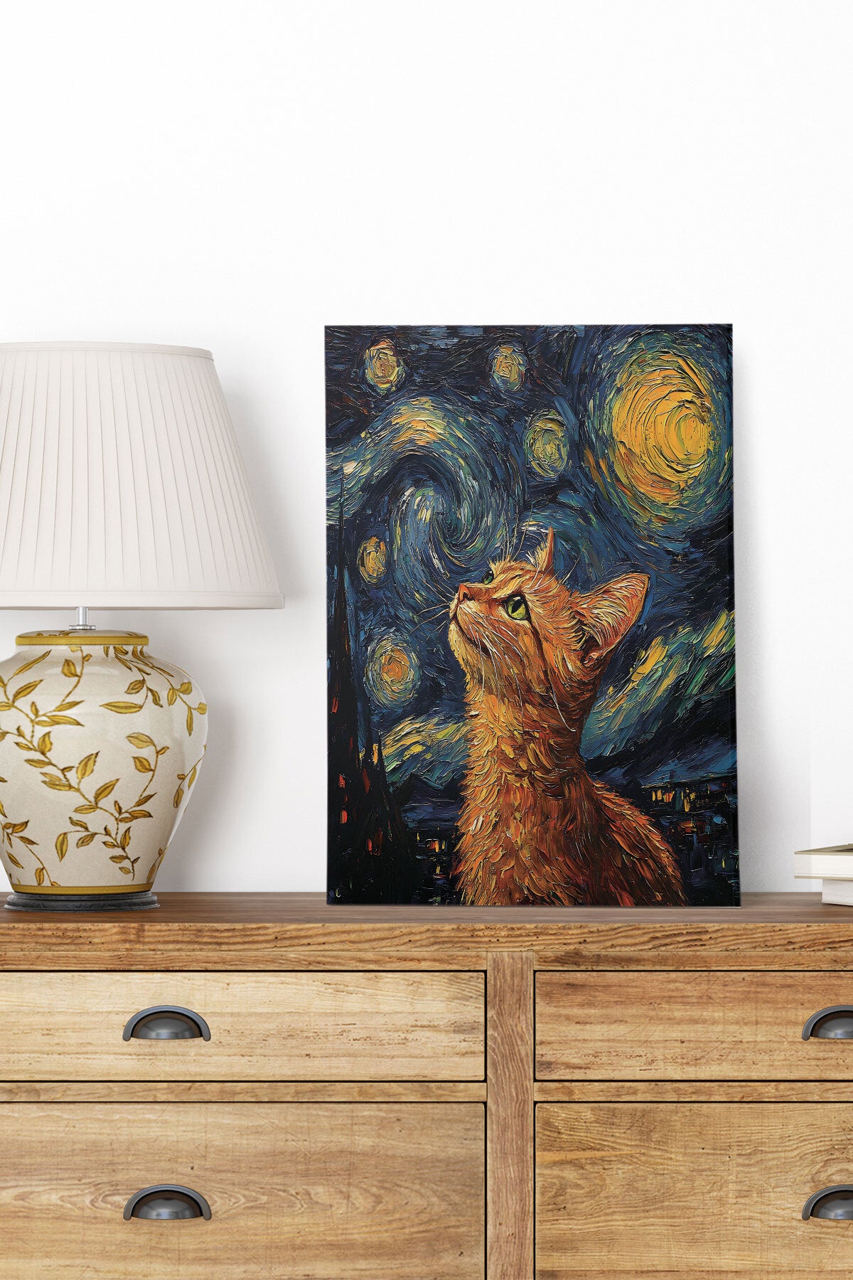 Starry Night Kediler Van Gogh temalı No 9 görselli 18x27 cm MDF ahşap duvar tablosu