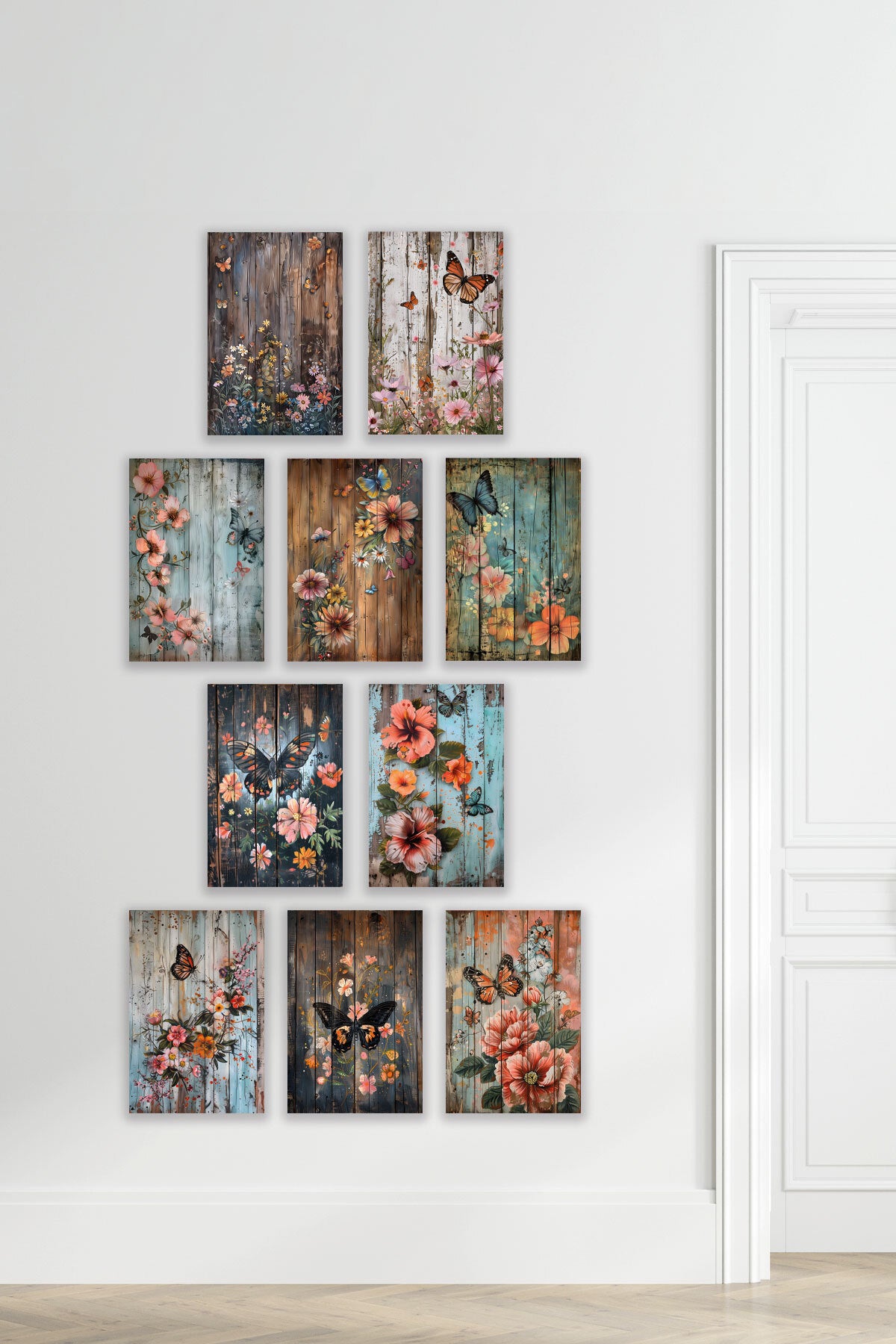 Çiçek Ve Kelebek temalı 10'lu görselli 18x27 cm MDF ahşap duvar tablosu