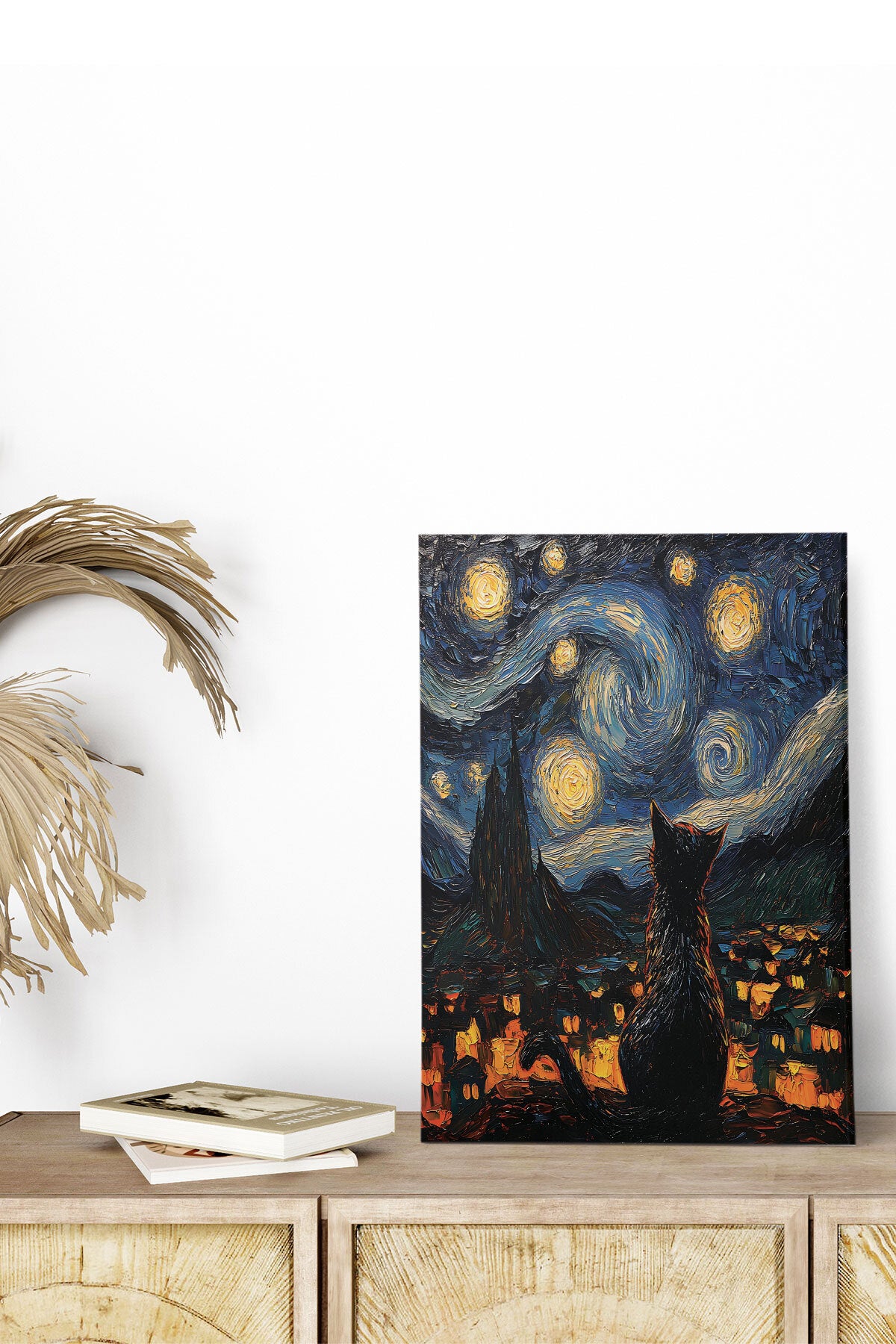 Starry Night Kediler Van Gogh temalı No 16 görselli 18x27 cm MDF ahşap duvar tablosu