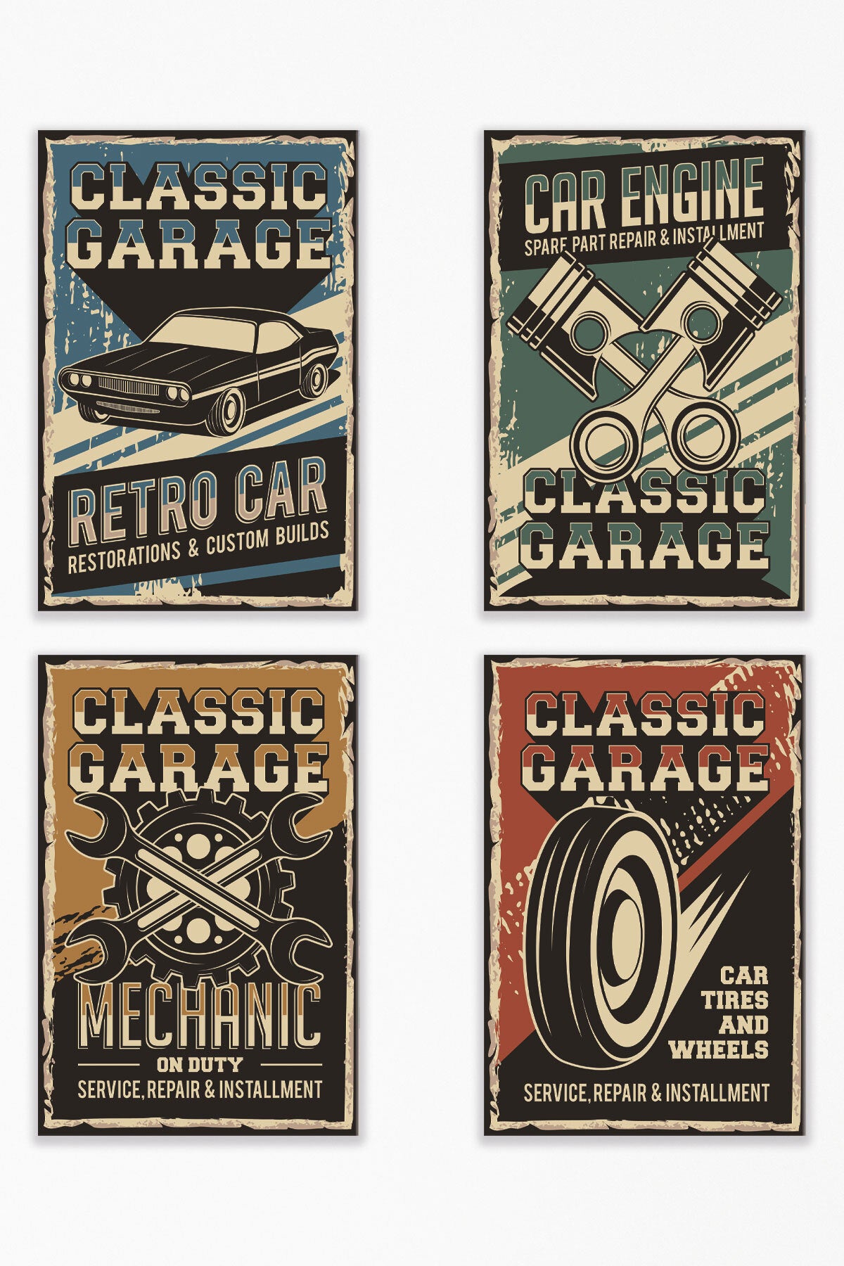 Classic Garage Retro Araba temalı 4'lü set, 18x27 cm MDF ahşap duvar tabloları