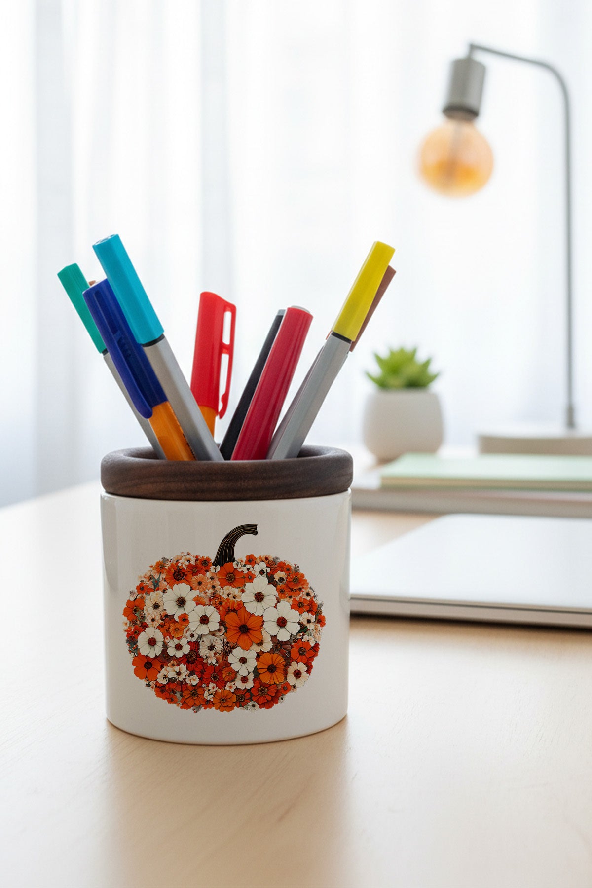 Boho Fall Pumpkin Floral tasarımlı seramik kalemlik