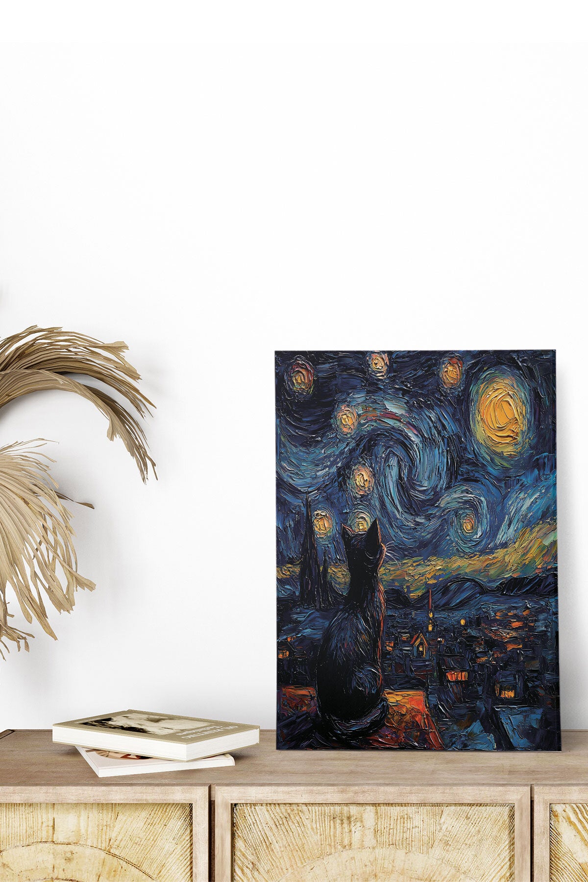 Starry Night Kediler Van Gogh temalı No 14 görselli 18x27 cm MDF ahşap duvar tablosu