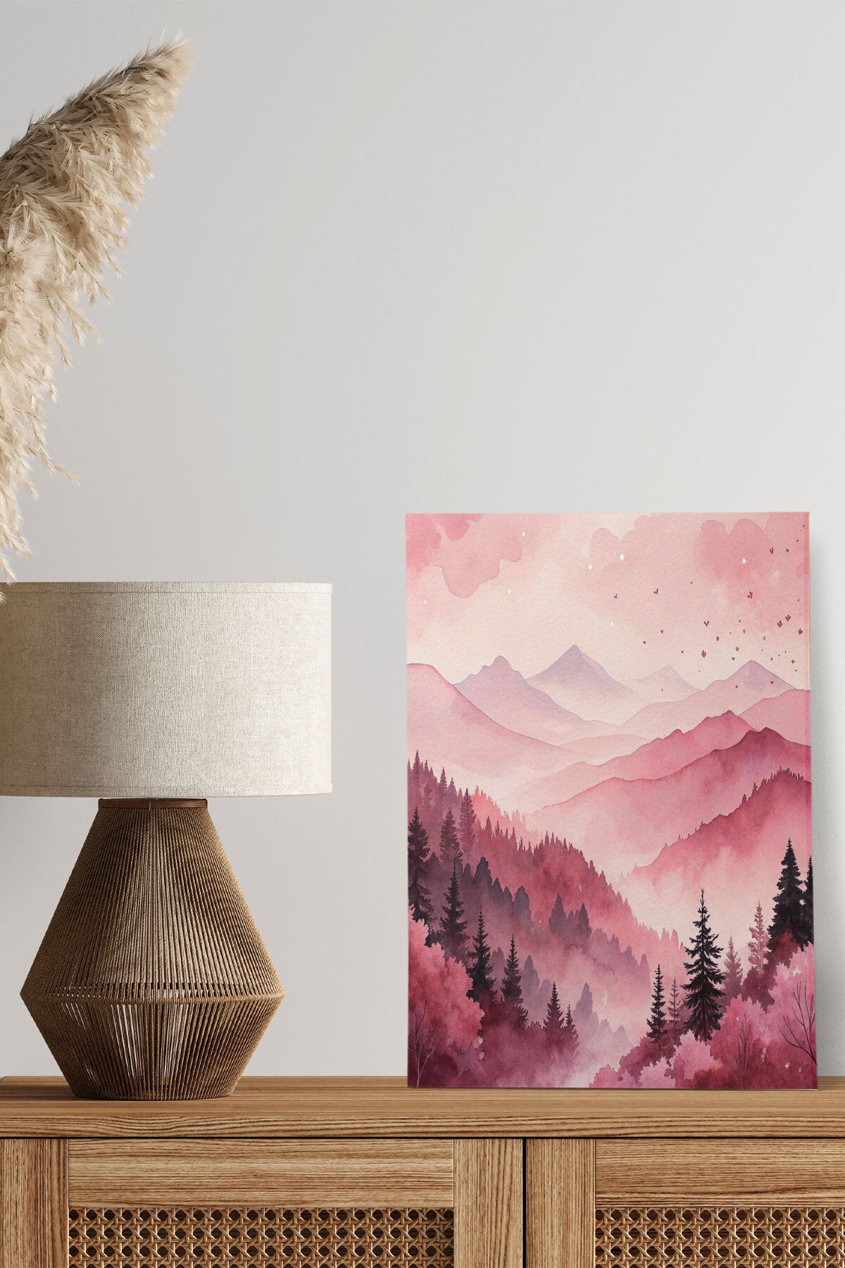 Pembe Orman ve Dağ Manzaralı görselli 18x27 cm MDF ahşap duvar tablosu