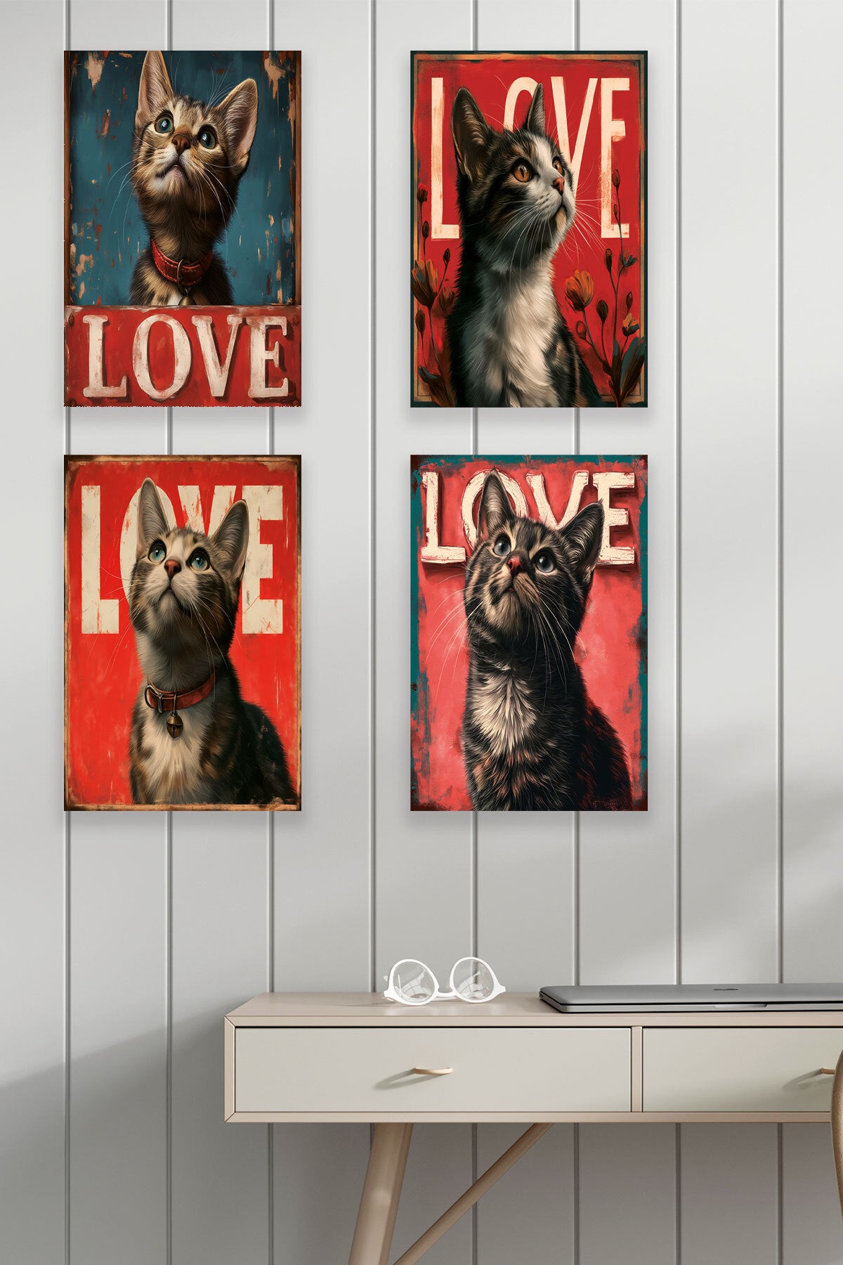 Sevimli Kediler Love 4'lü set, 18x27 cm MDF ahşap duvar tabloları