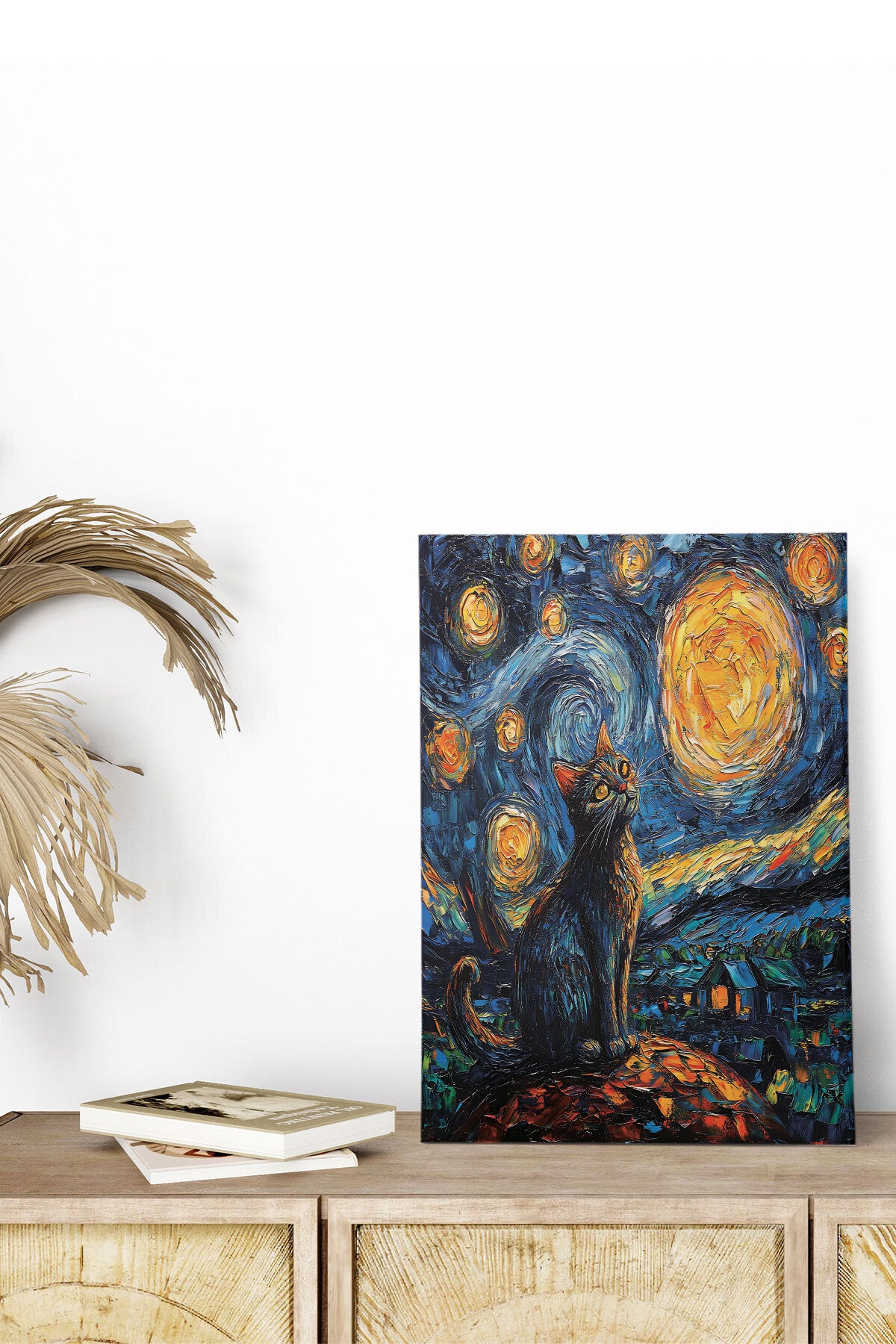 Starry Night Kediler Van Gogh temalı No 15 görselli 18x27 cm MDF ahşap duvar tablosu