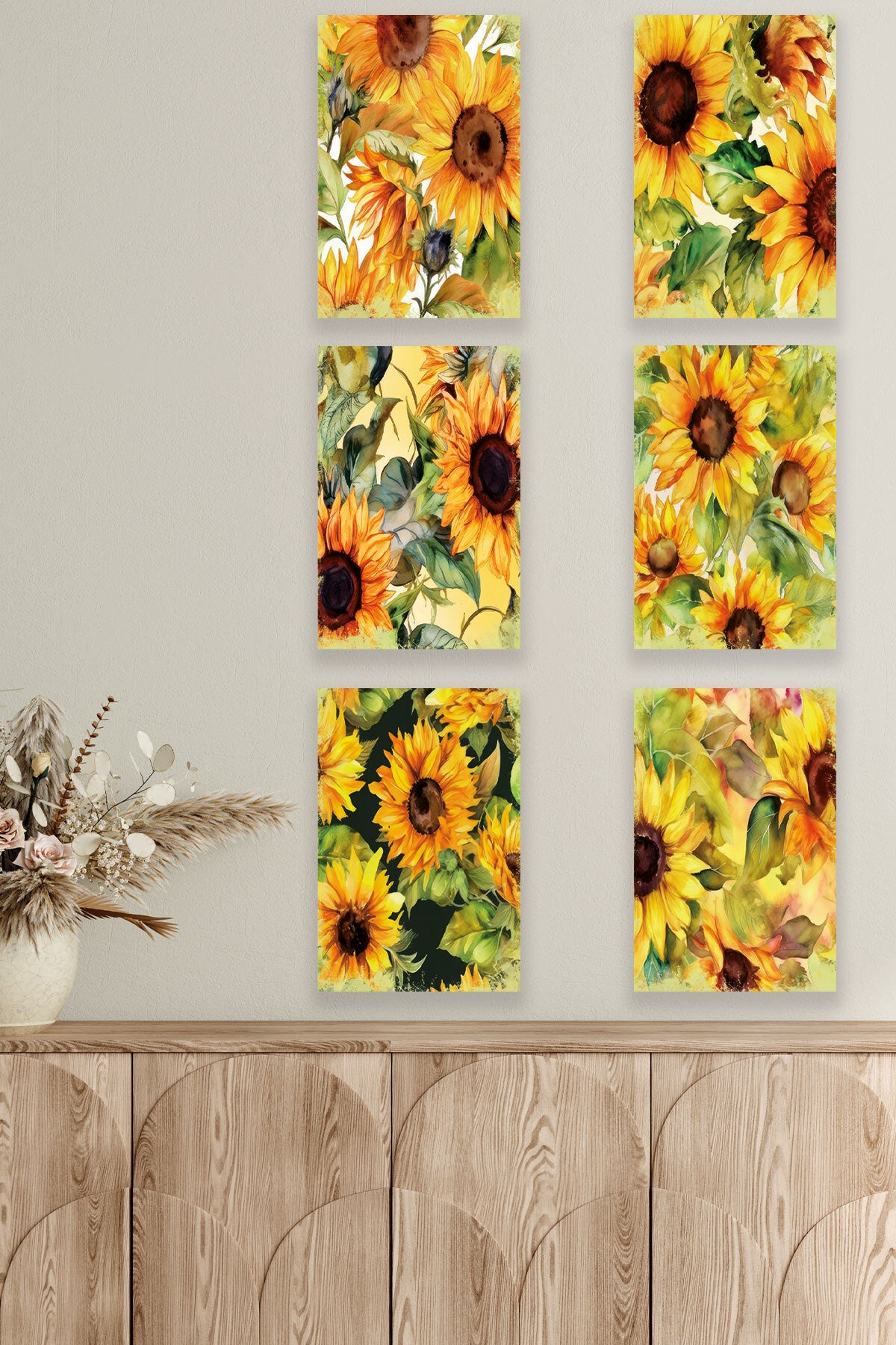 Ayçiçekleri temalı 6'lı set, 18x27 cm MDF ahşap duvar tabloları