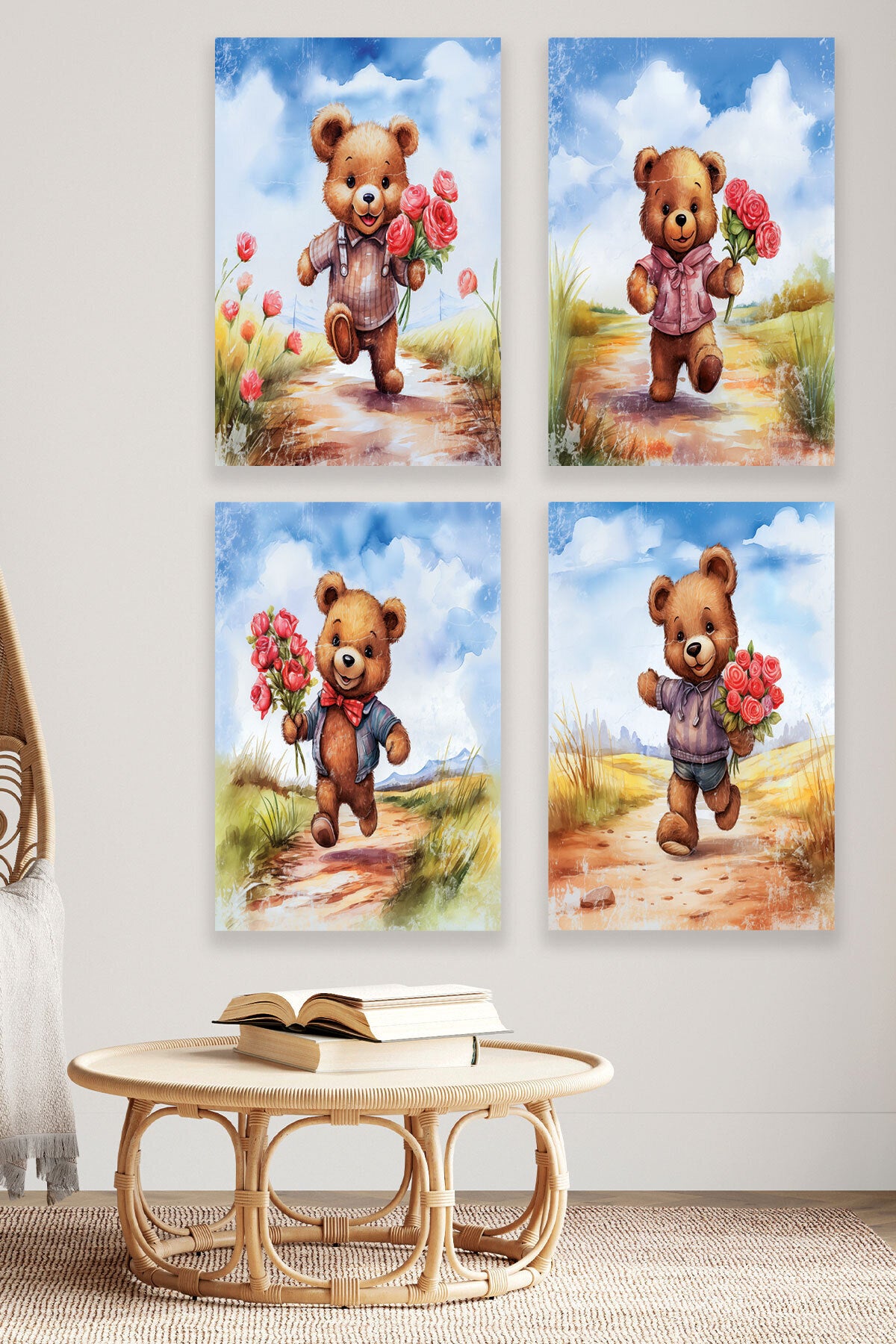 Sevimli Ayıcık temalı 4'lü set, 18x27 cm MDF ahşap duvar tabloları