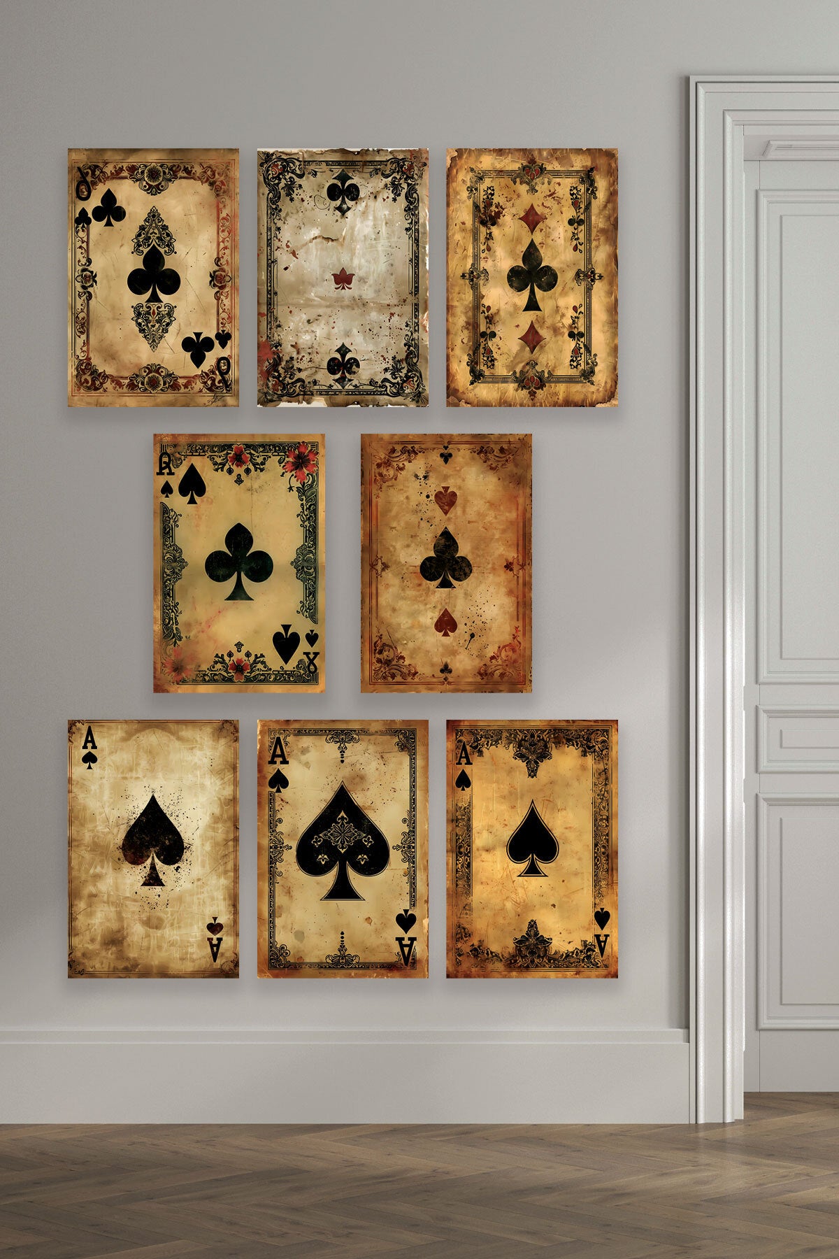 İskambil Kağıdı temalı 8'li set, 18x27 cm MDF ahşap duvar tabloları