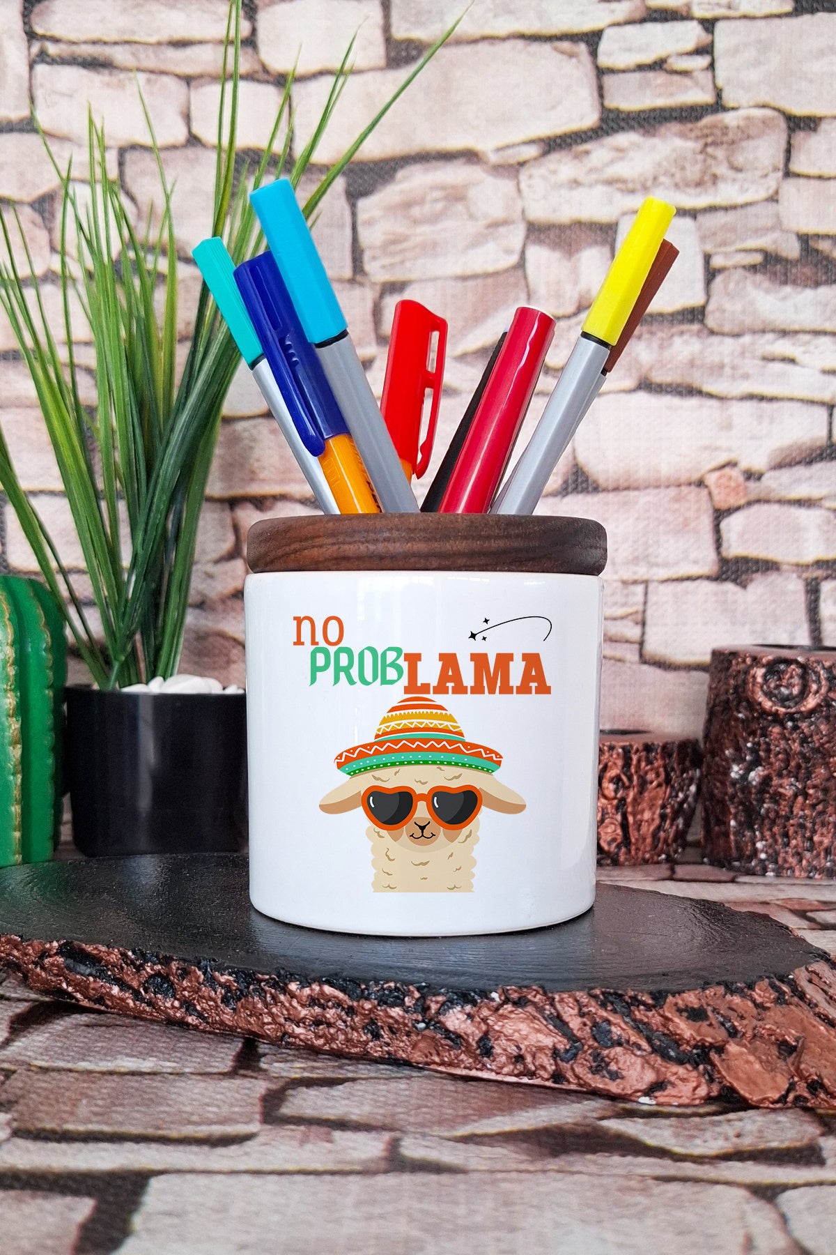 No Problama-Lama Baskılı Komik Hediyelik tasarımlı seramik kalemlik