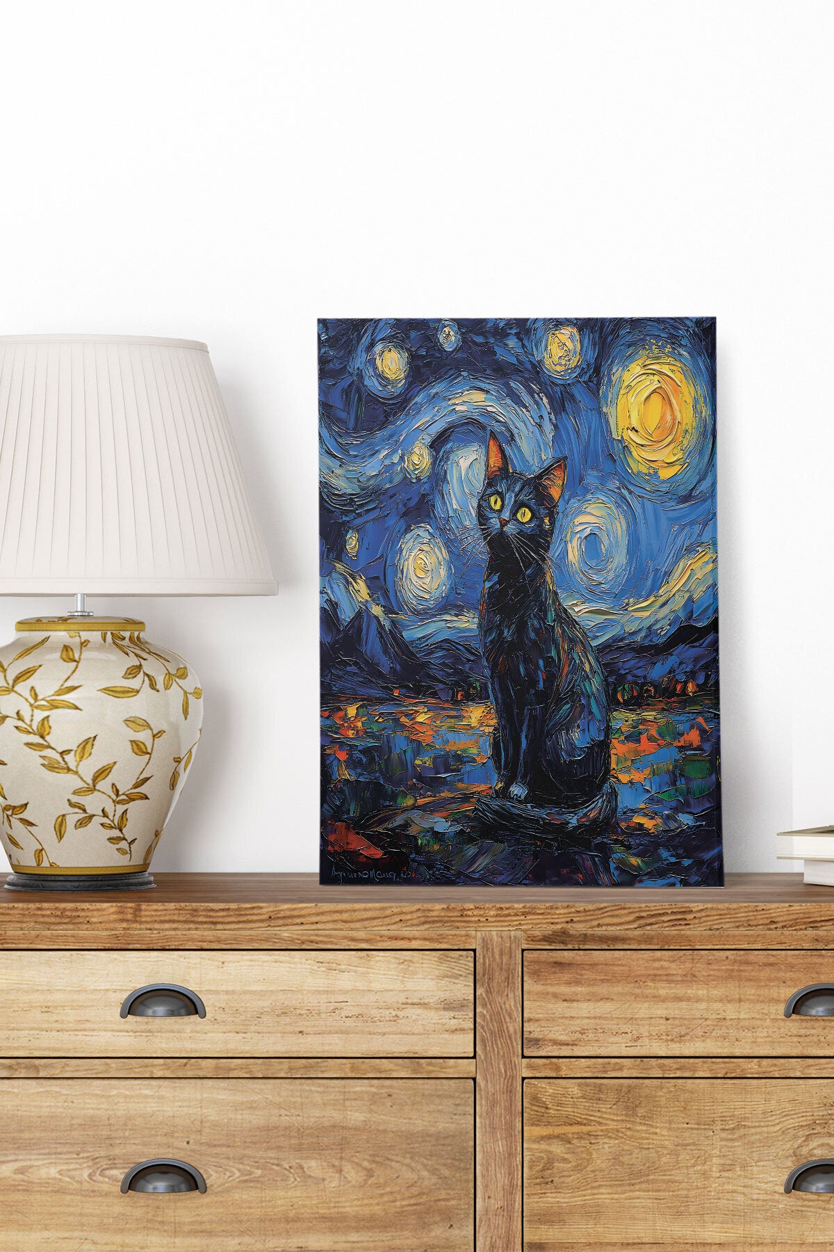 Starry Night Kediler Van Gogh temalı No 3 görselli 18x27 cm MDF ahşap duvar tablosu