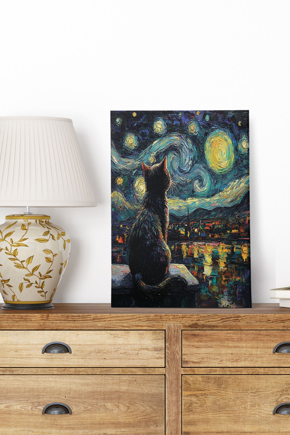 Starry Night Kediler Van Gogh temalı No 7 görselli 18x27 cm MDF ahşap duvar tablosu