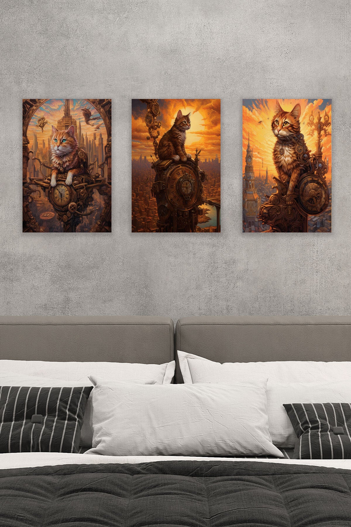 Steampunk Retro Sevimli Kediler No 6 3'lü set, 18x27 cm MDF ahşap duvar tabloları