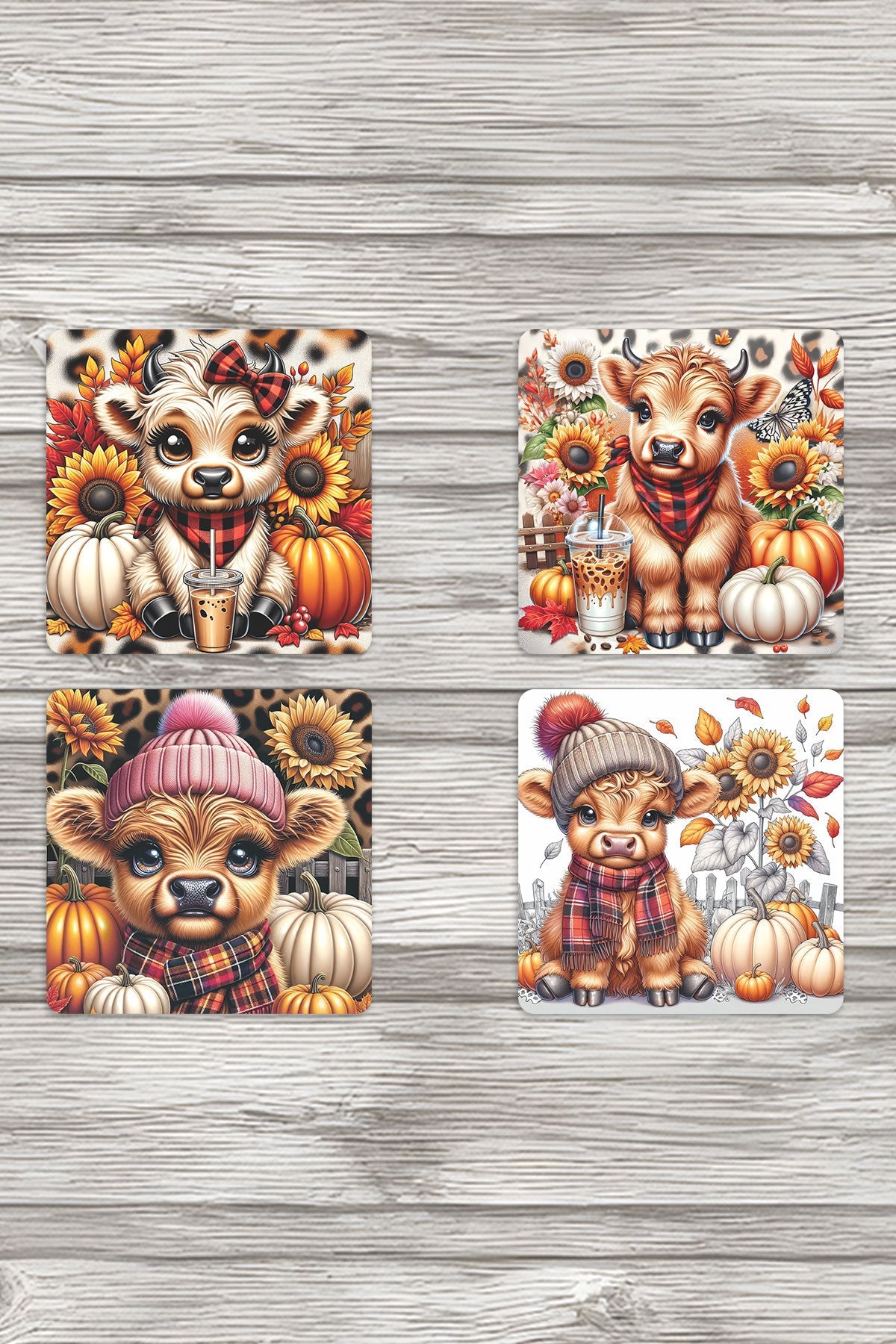 Sonbahar Temalı Sevimli İnek Baskılı 4'lü Set Dekoratif Ahşap Kare Bardak Altlığı