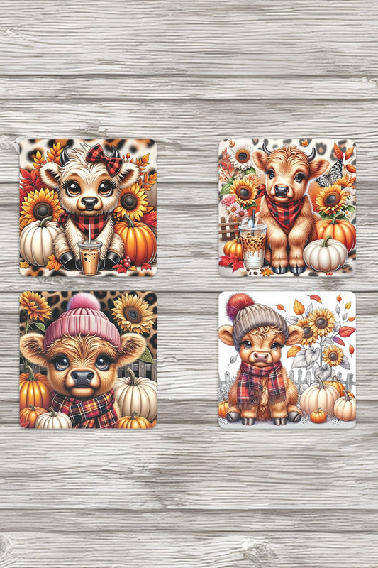 Sonbahar Temalı Sevimli İnek Baskılı 4'lü Set Dekoratif Ahşap Kare Bardak Altlığı