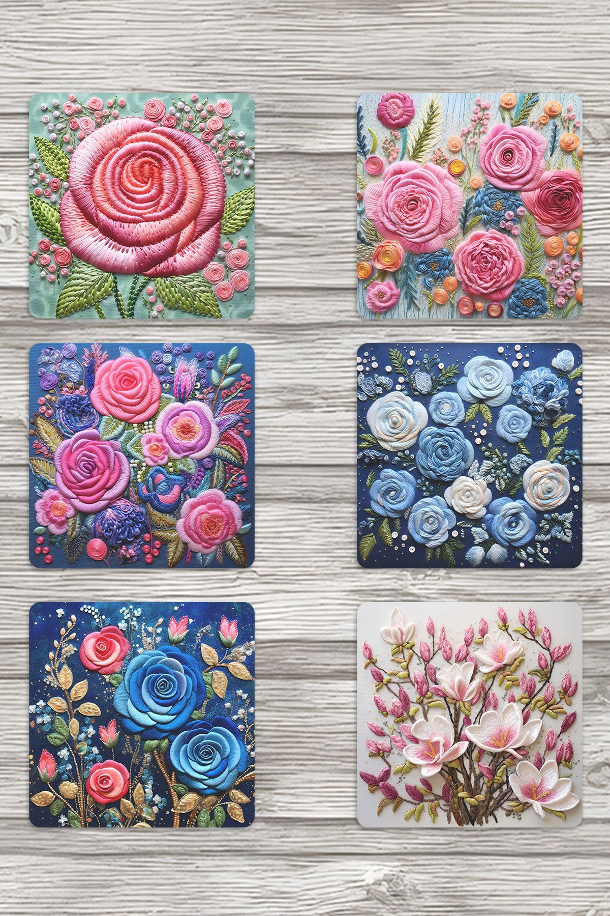 Doğal Çiçekler Temalı No:3 Hediyelik Baskılı 6'lı Set Dekoratif Ahşap Kare Bardak Altlığı