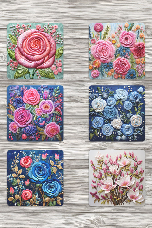 Doğal Çiçekler Temalı No:3 Hediyelik Baskılı 6'lı Set Dekoratif Ahşap Kare Bardak Altlığı