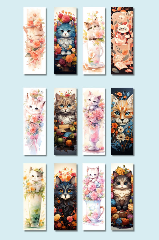 Kedi Ve Çiçek Tasarım Hediyelik 12'li Kitap Ayracı Seti