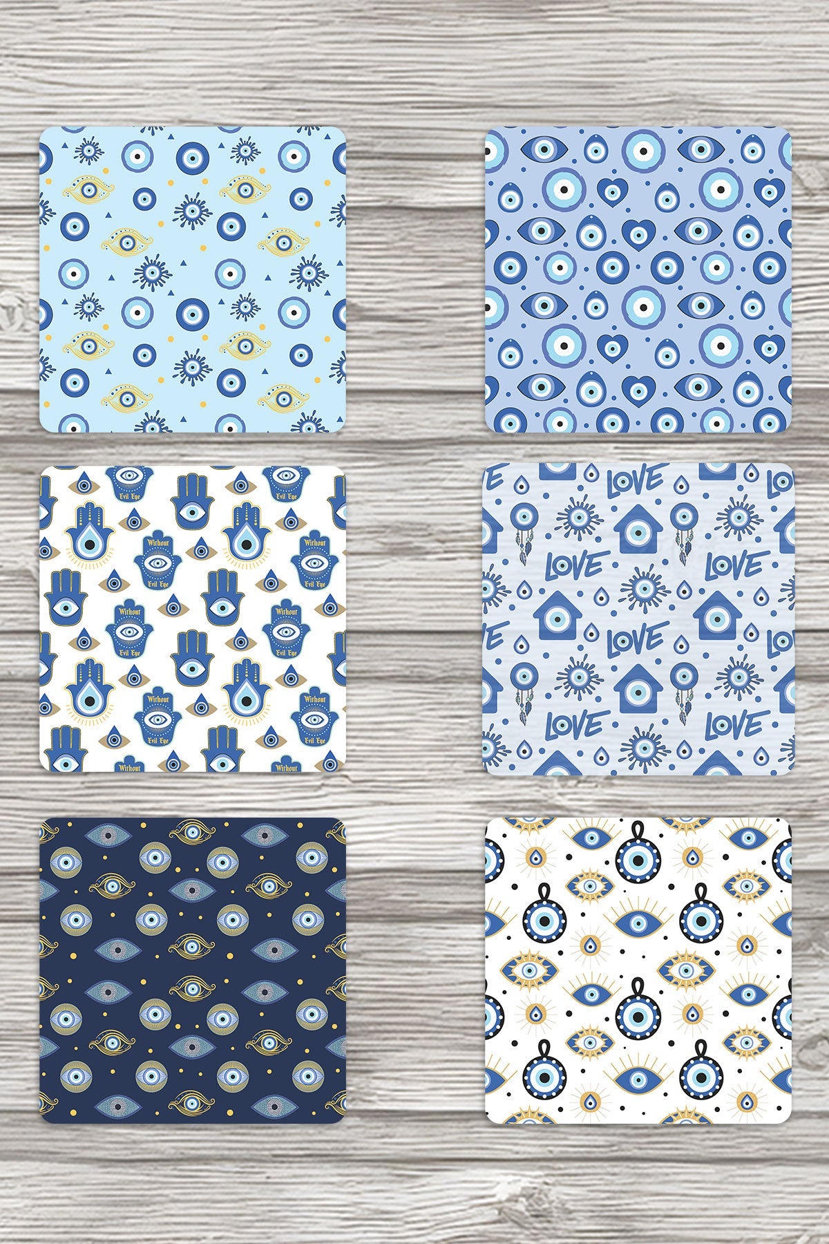 Nazar Boncuğu Desenli Baskılı No:1 - 6'lı Set Dekoratif Ahşap Kare Bardak Altlığı