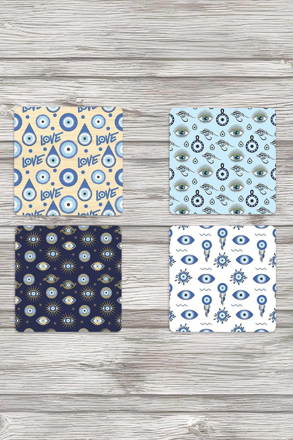 Nazar Boncuğu Desenli Baskılı No:2 - 4'lü Set Dekoratif Ahşap Kare Bardak Altlığı