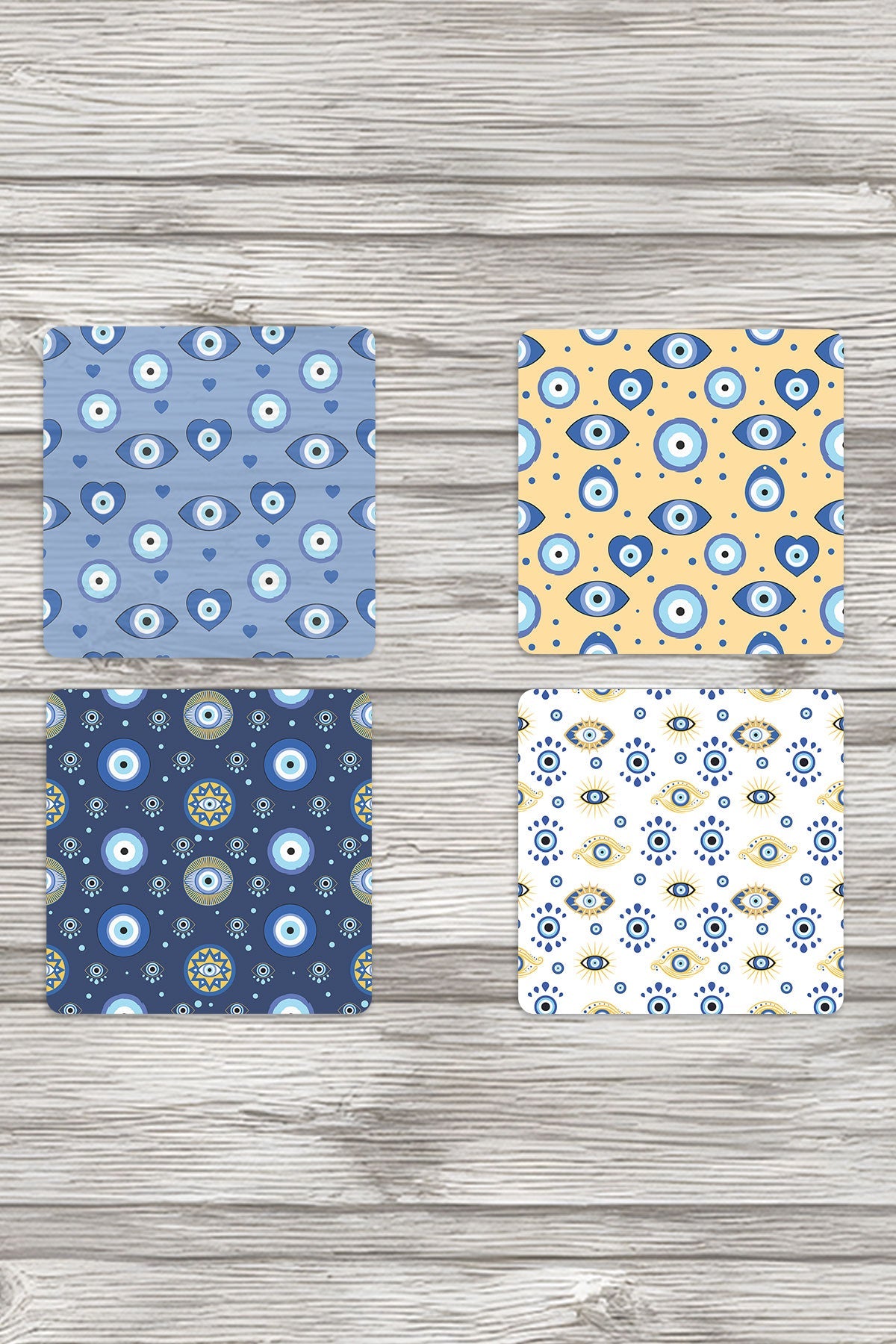 Nazar Boncuğu Desenli Baskılı No:3 - 4'lü Set Dekoratif Ahşap Kare Bardak Altlığı