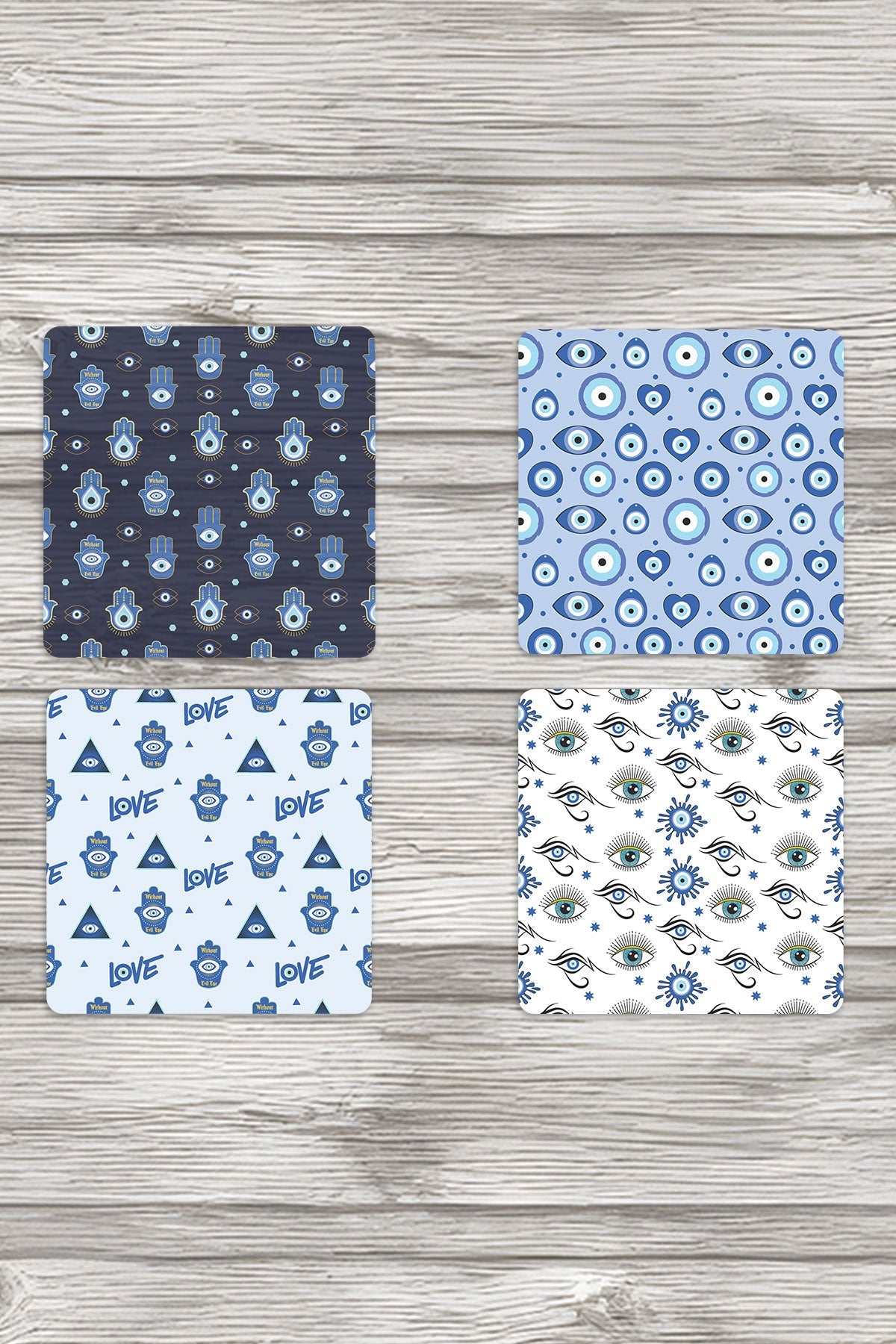 Nazar Boncuğu Desenli Baskılı No:4 - 4'lü Set Dekoratif Ahşap Kare Bardak Altlığı