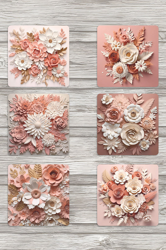 Doğal Çiçekler Temalı No:4 Hediyelik Baskılı 6'lı Set Dekoratif Ahşap Kare Bardak Altlığı