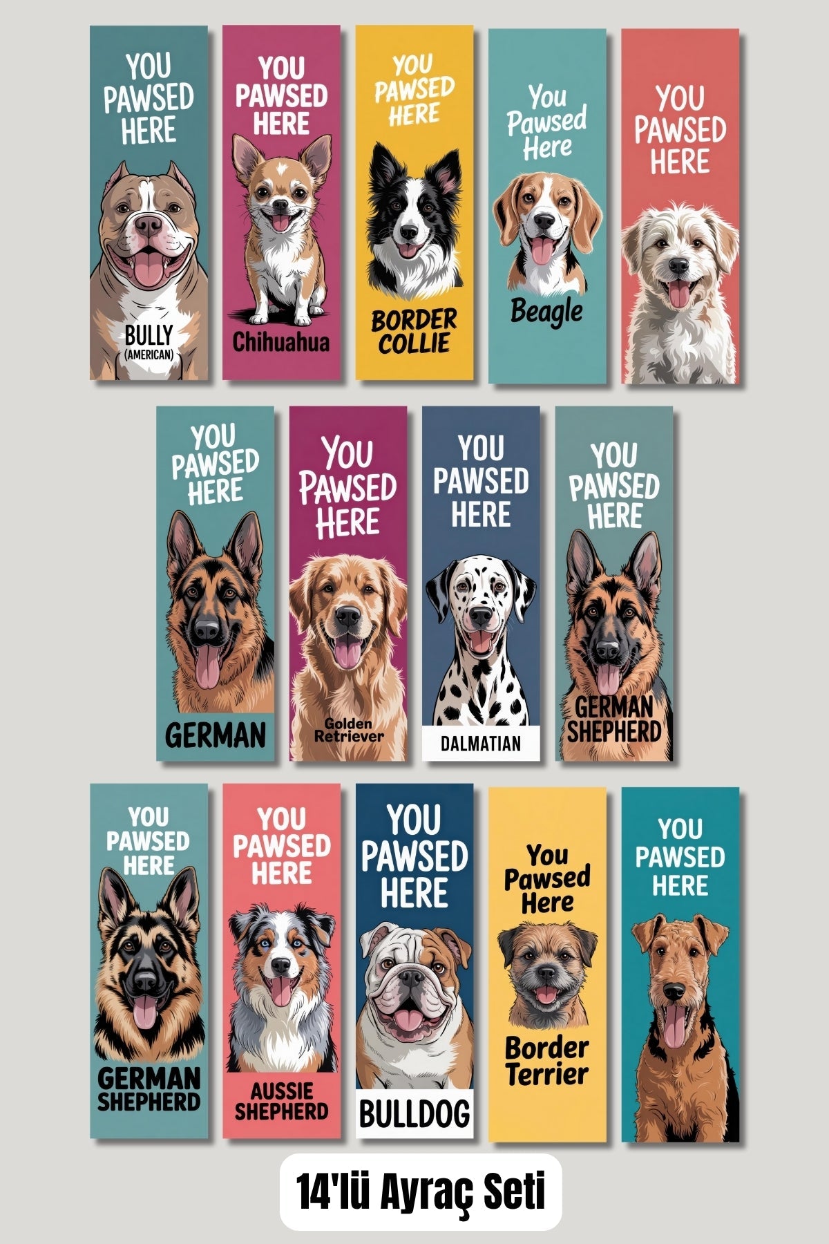 Cins Köpekler Tasarım Hediyelik 14'lü Kitap Ayracı Seti