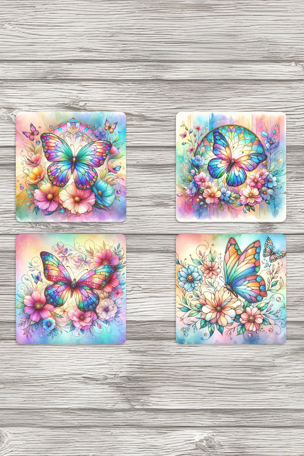 Renkli Kelebek Temalı Hediyelik Baskılı 4'lü Set Dekoratif Ahşap Kare Bardak Altlığı