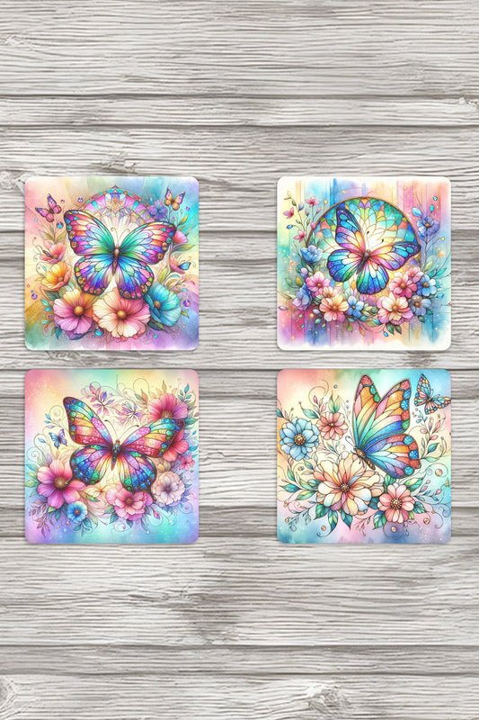 Renkli Kelebek Temalı Hediyelik Baskılı 4'lü Set Dekoratif Ahşap Kare Bardak Altlığı