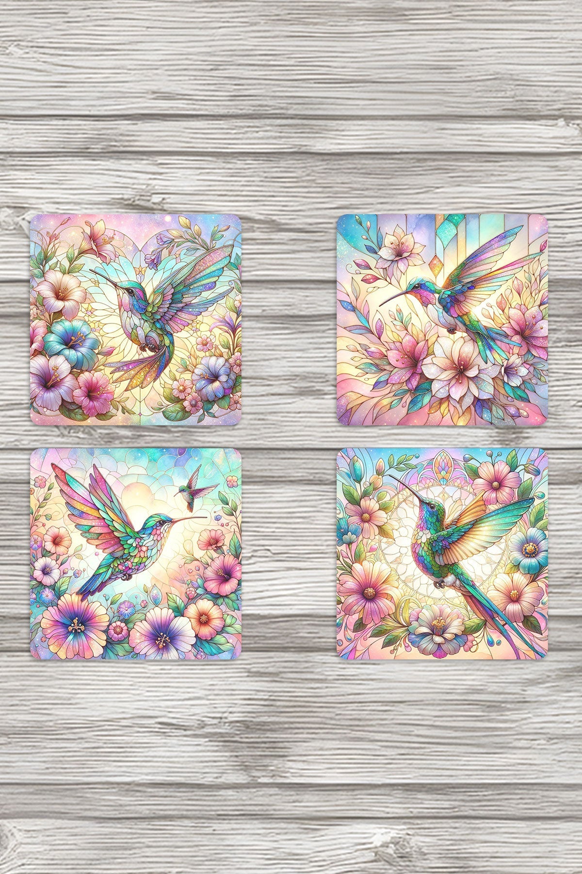 Sevimli Minik Kuş Vitray Görünümlü Baskılı 4'lü Set Dekoratif Ahşap Kare Bardak Altlığı