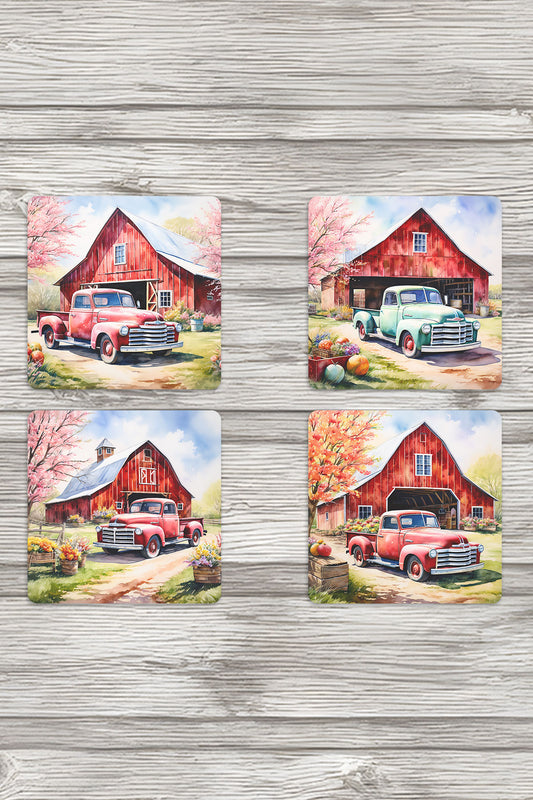 Vintage Araba Çiftlik Baskılı 4'lü Set Dekoratif Ahşap Kare Bardak Altlığı