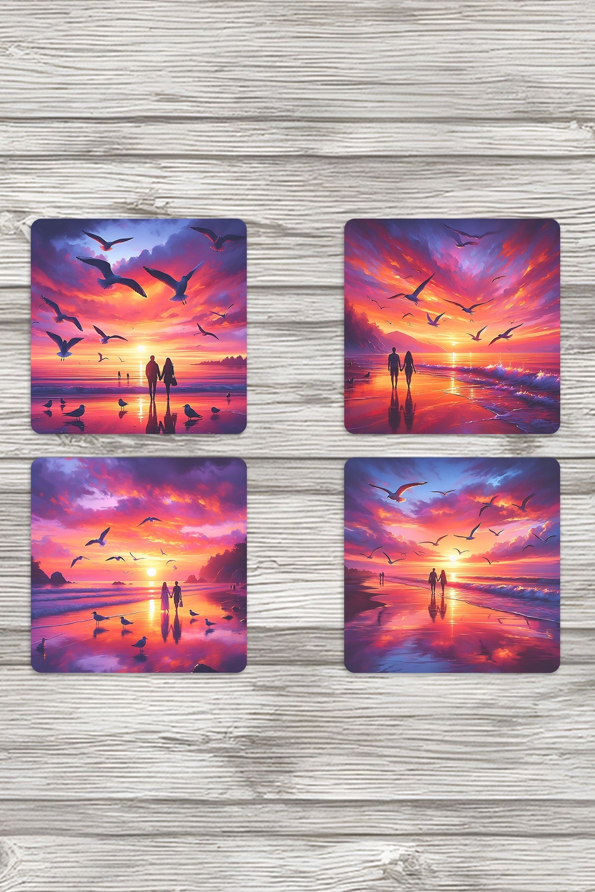 Deniz Günbatımı Sunset Baskılı 4'lü Set Dekoratif Ahşap Kare Bardak Altlığı