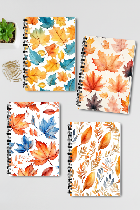 Sonbahar Yaprakları No:1 Tasarım Tel Spiralli 4'lü Hatıra Günlük Ajanda Anı Okul Defter Seti