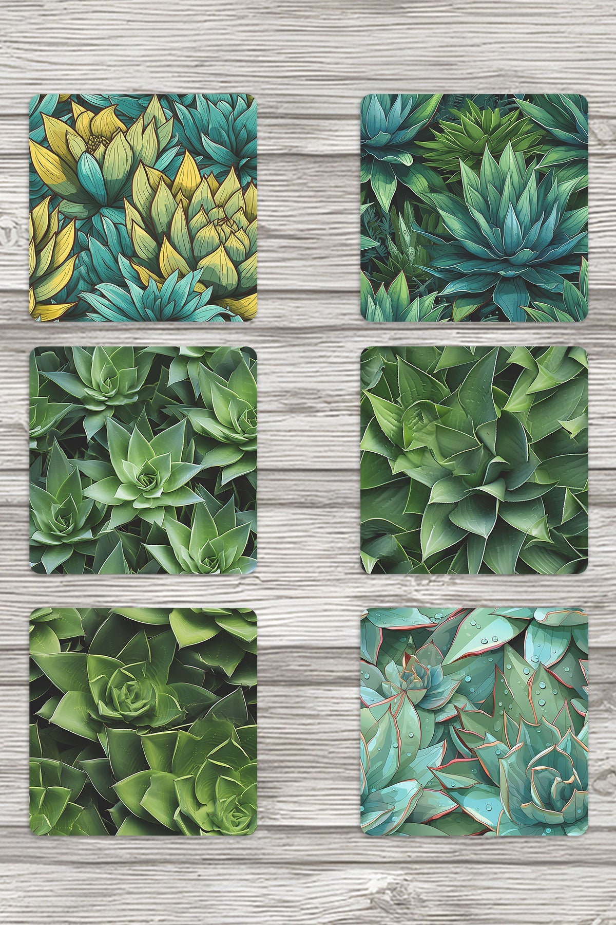 Aloe Vera Yaprakları No:2 Doğa Temalı Baskılı 6'lı Set Dekoratif Ahşap Kare Bardak Altlığı
