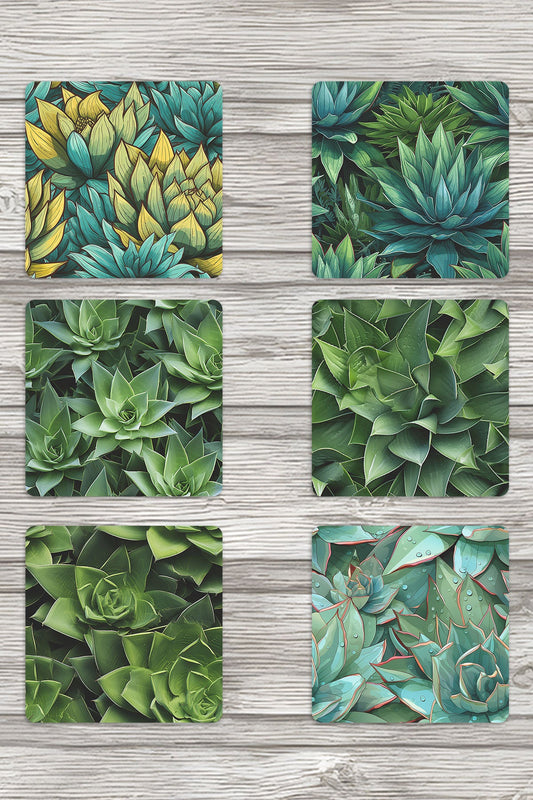 Aloe Vera Yaprakları No:2 Doğa Temalı Baskılı 6'lı Set Dekoratif Ahşap Kare Bardak Altlığı