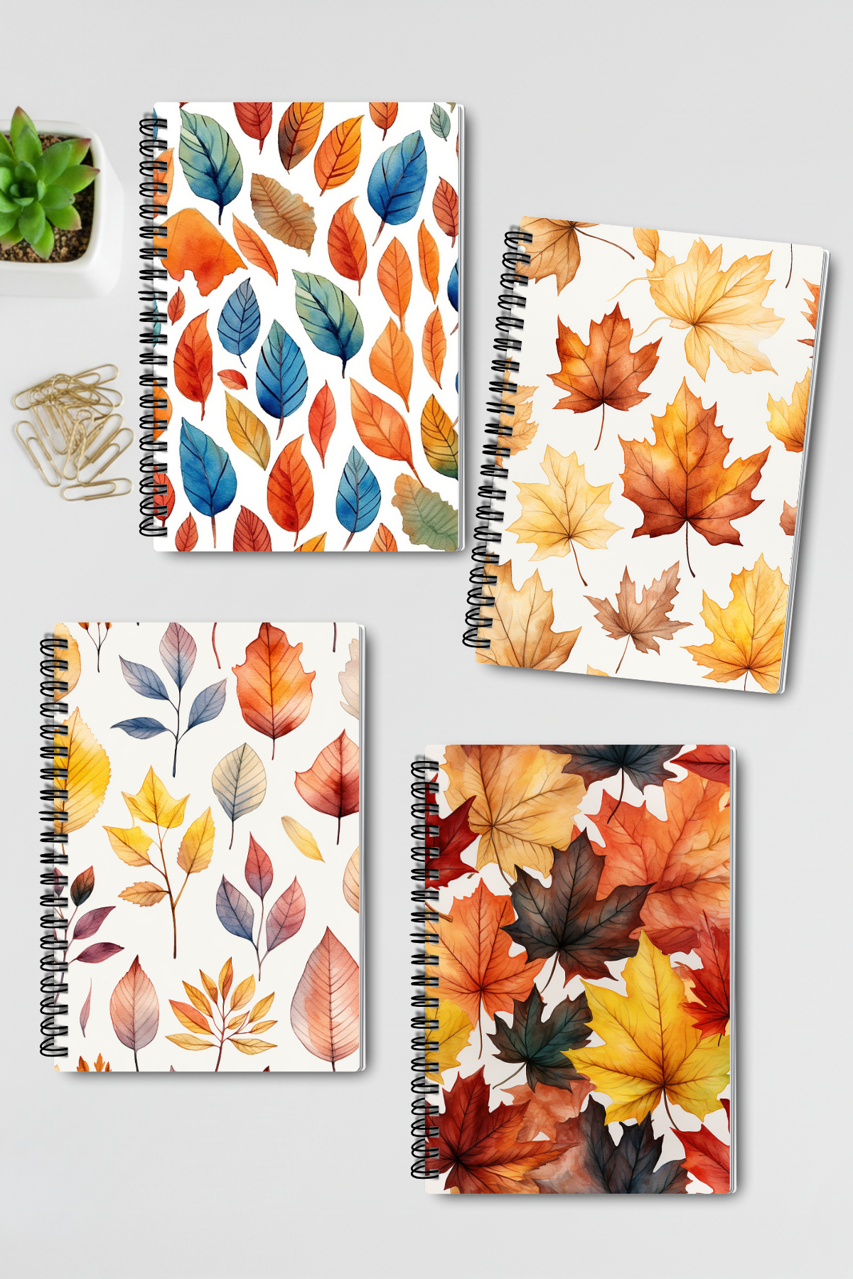 Sonbahar Yaprakları No:2 Tasarım Tel Spiralli 4'lü Hatıra Günlük Ajanda Anı Okul Defter Seti