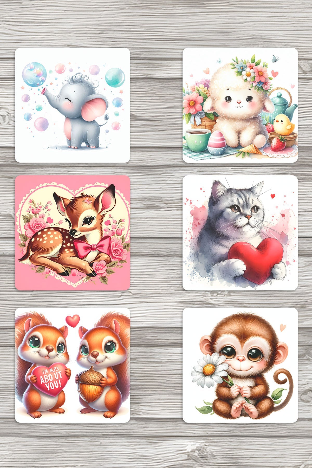 Sevimli Hayvanlar No:1 Baskılı 6'lı Set Dekoratif Ahşap Kare Bardak Altlığı