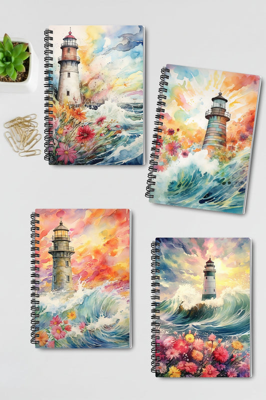 Okyanus Temalı Deniz Feneri Tasarım Tel Spiralli 4'lü Hatıra Günlük Ajanda Anı Okul Defter Seti