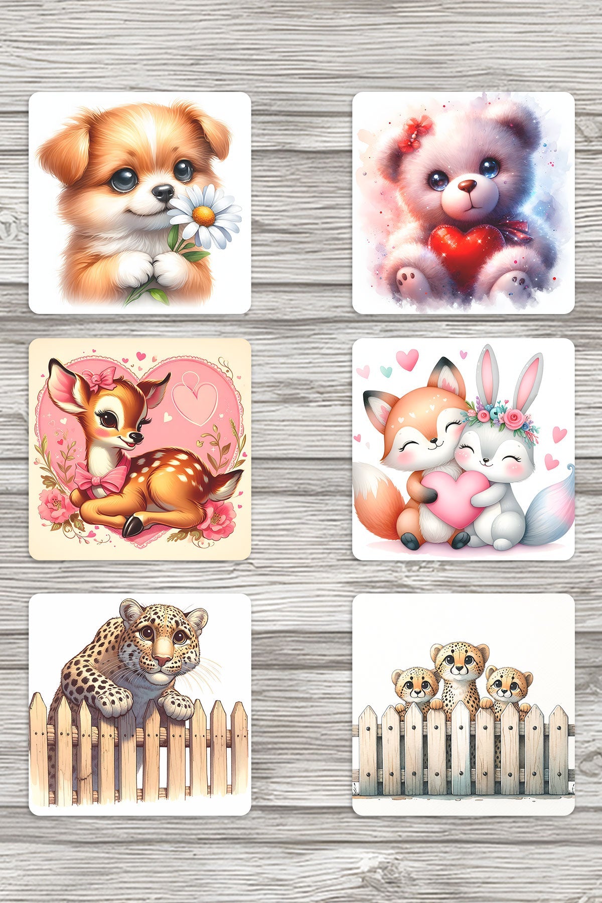 Sevimli Hayvanlar No:2 Baskılı 6'lı Set Dekoratif Ahşap Kare Bardak Altlığı