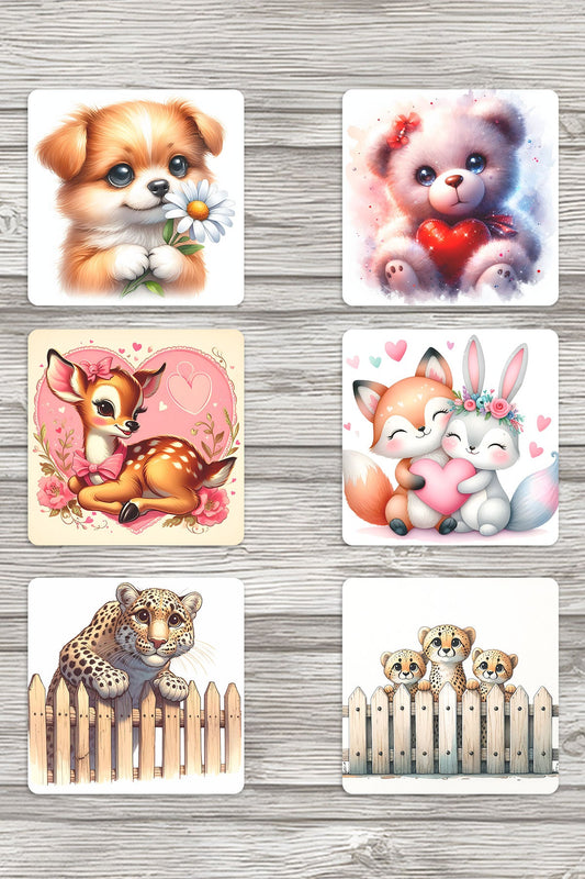 Sevimli Hayvanlar No:2 Baskılı 6'lı Set Dekoratif Ahşap Kare Bardak Altlığı