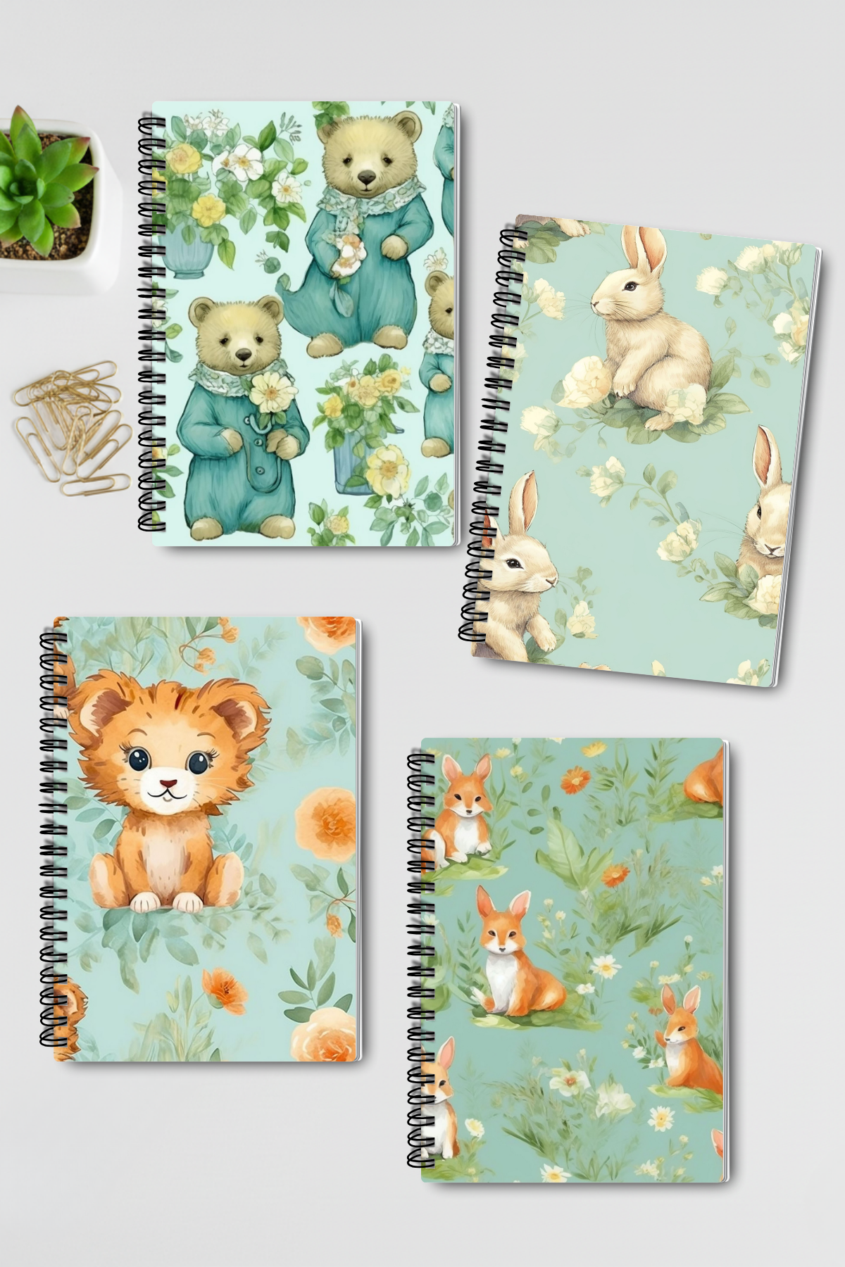 Yavru Sevimli Hayvanlar No:2 Tasarım Tel Spiralli 4'lü Hatıra Günlük Ajanda Okul Defter Seti