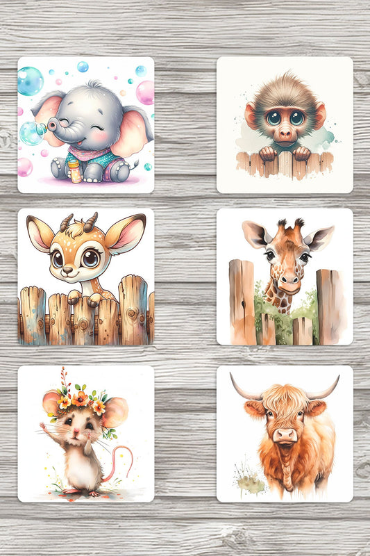 Sevimli Hayvanlar No:3 Baskılı 6'lı Set Dekoratif Ahşap Kare Bardak Altlığı