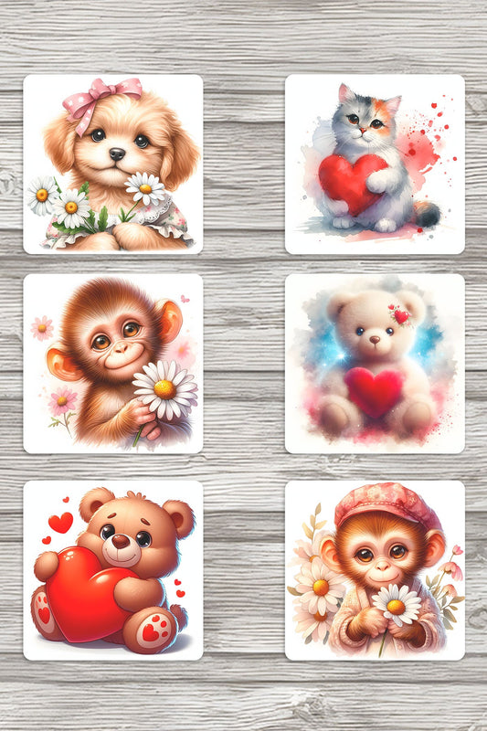 Sevimli Hayvanlar No:4 Baskılı 6'lı Set Dekoratif Ahşap Kare Bardak Altlığı
