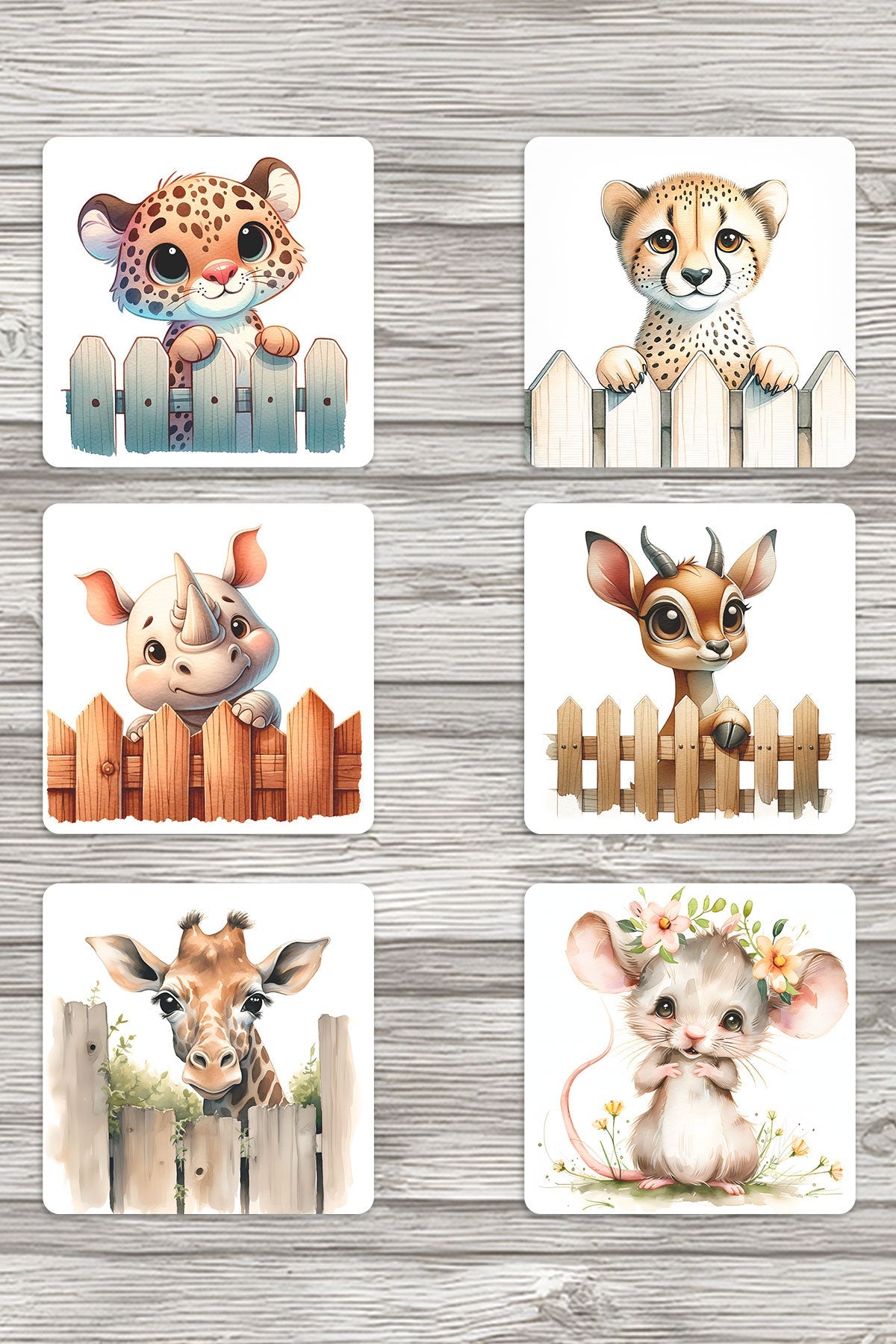 Sevimli Hayvanlar No:5 Baskılı 6'lı Set Dekoratif Ahşap Kare Bardak Altlığı