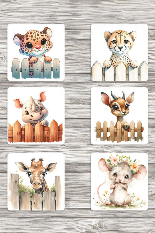 Sevimli Hayvanlar No:5 Baskılı 6'lı Set Dekoratif Ahşap Kare Bardak Altlığı