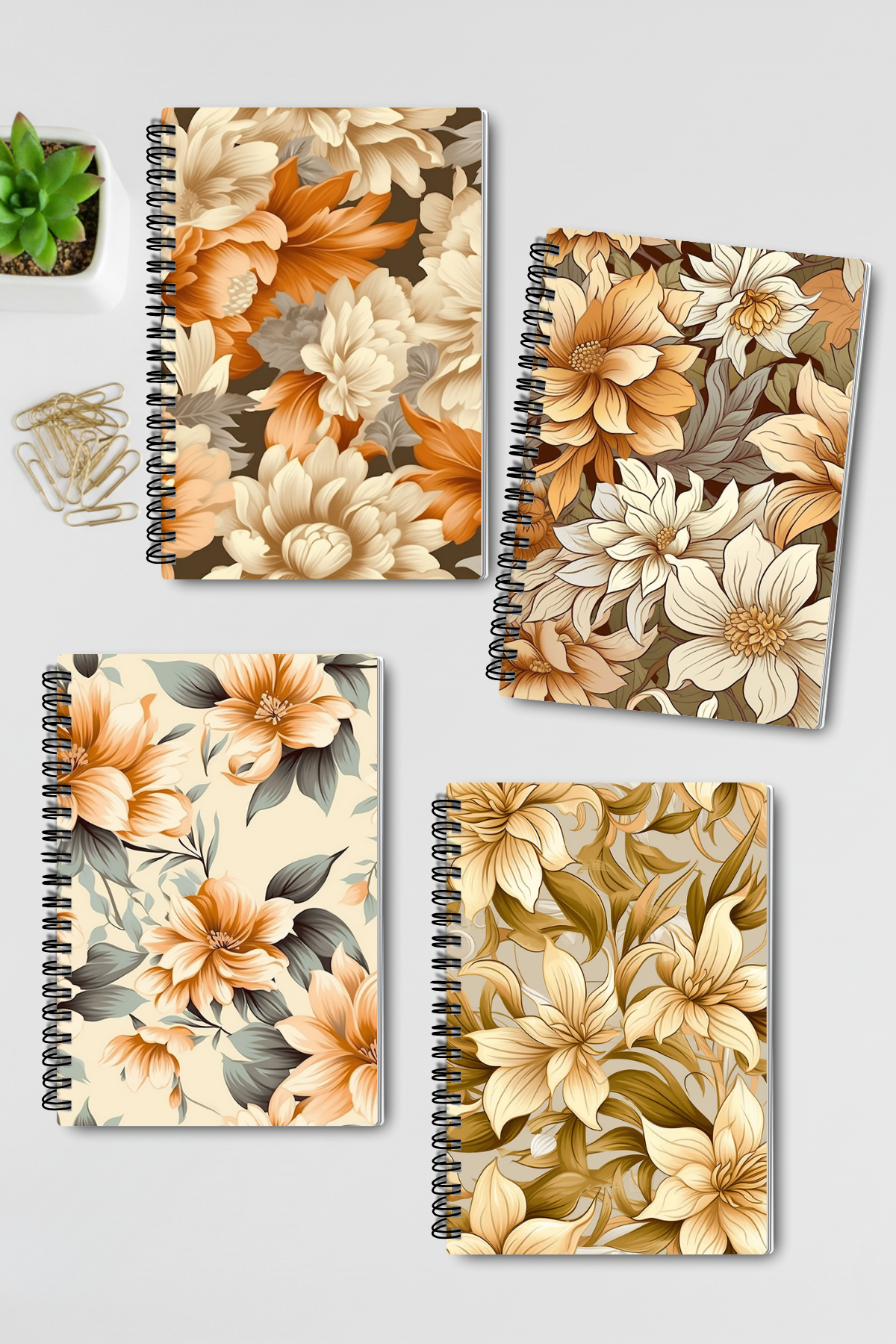 Bej Çiçekler No:2 Tasarım Tel Spiralli 4'lü Hatıra Günlük Ajanda Anı Okul Defter Seti